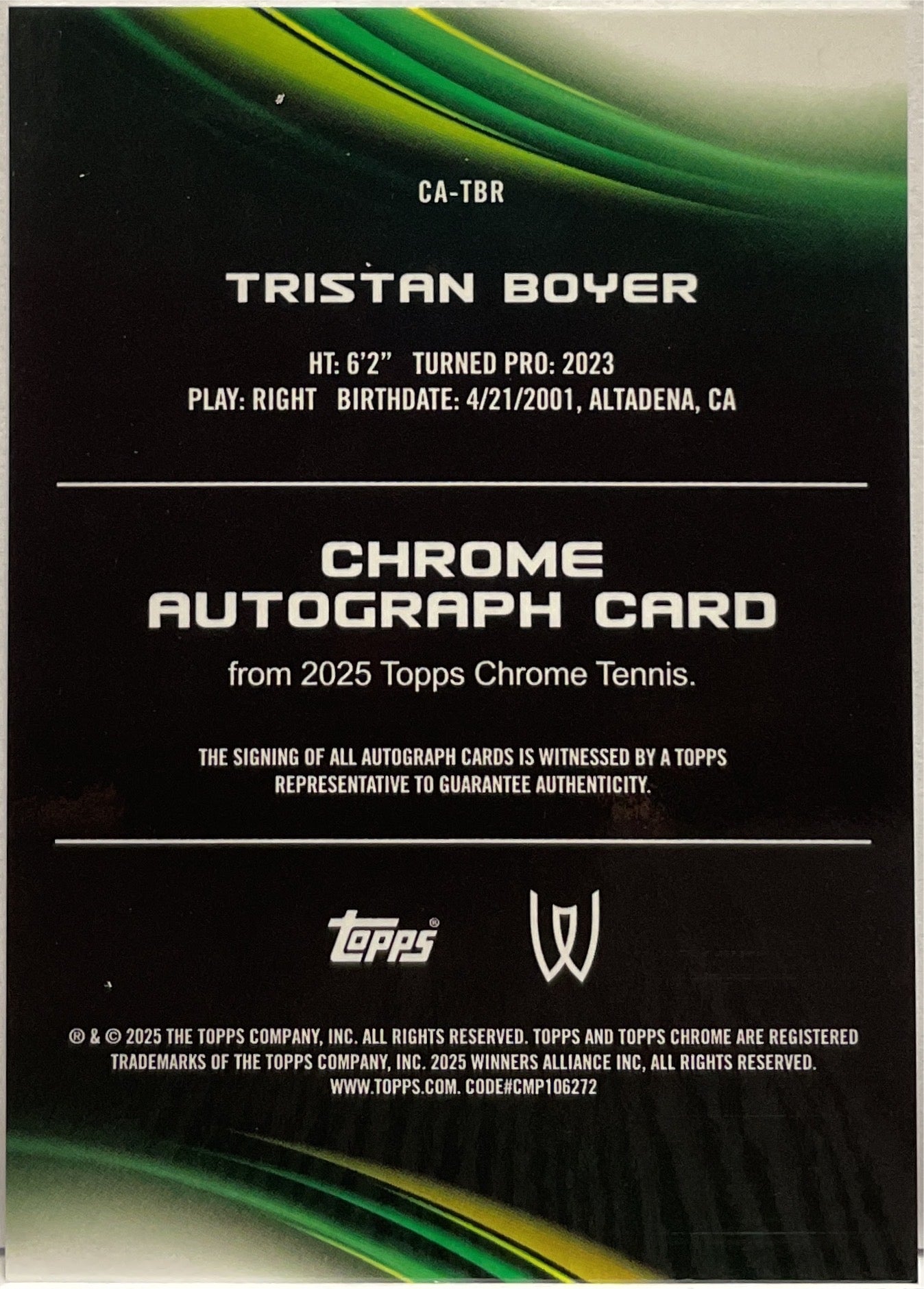 Tristan Boyer Rookie Autograph Topps Chrome Tennis 2025