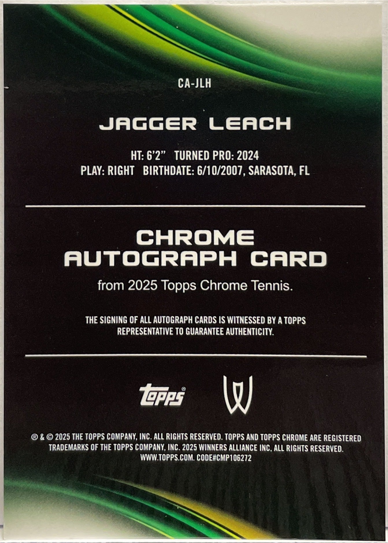 Jagger Leach Rookie Autograph Topps Chrome Tennis 2025
