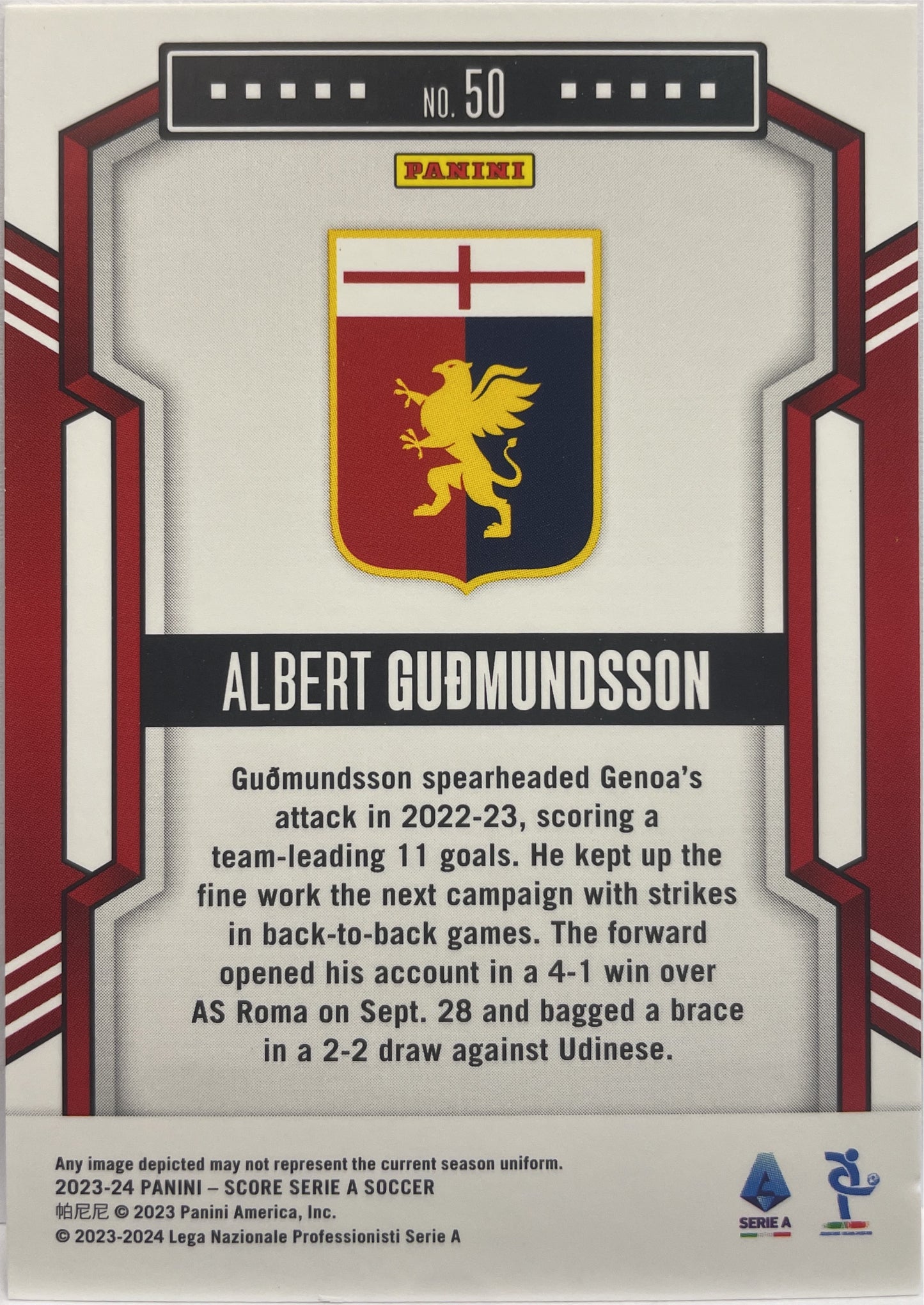 Albert Gudmundsson 7/15 Rookie Purple Laser Score Serie A 2023/24