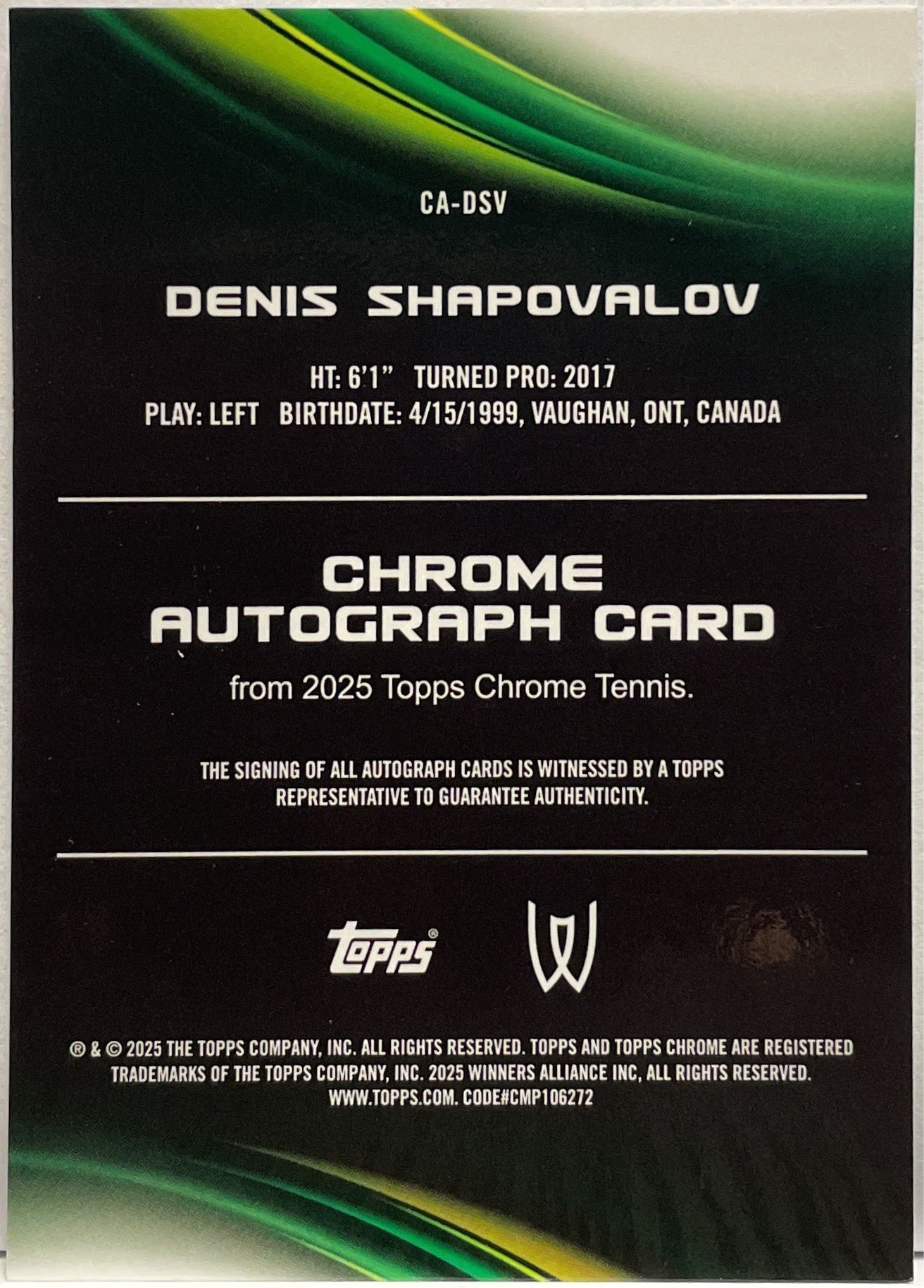 Denis Shapovalov 2/150 Autograph Blue Topps Chrome Tennis 2025