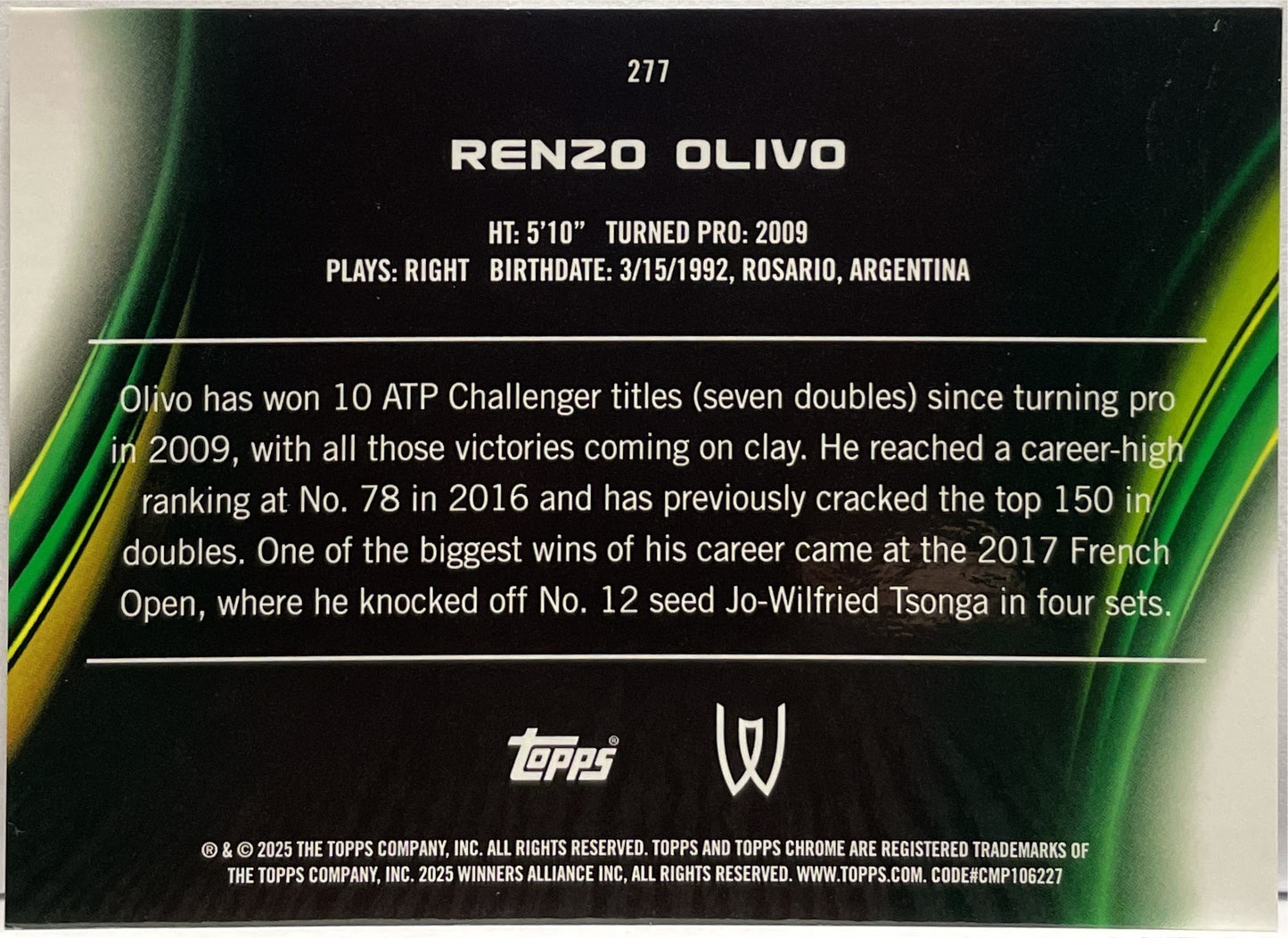 Renzo Olivo -5/0 Frozenfractor 1ST Topps Chrome Tennis 2025
