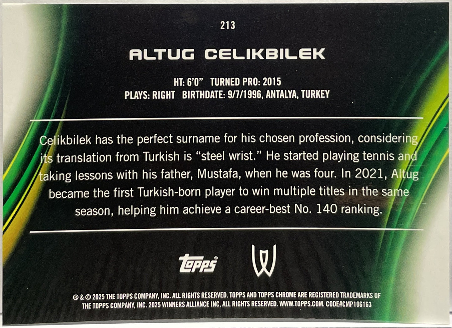Altug Celikbilek 6/10 Black 1ST Topps Chrome Tennis 2025