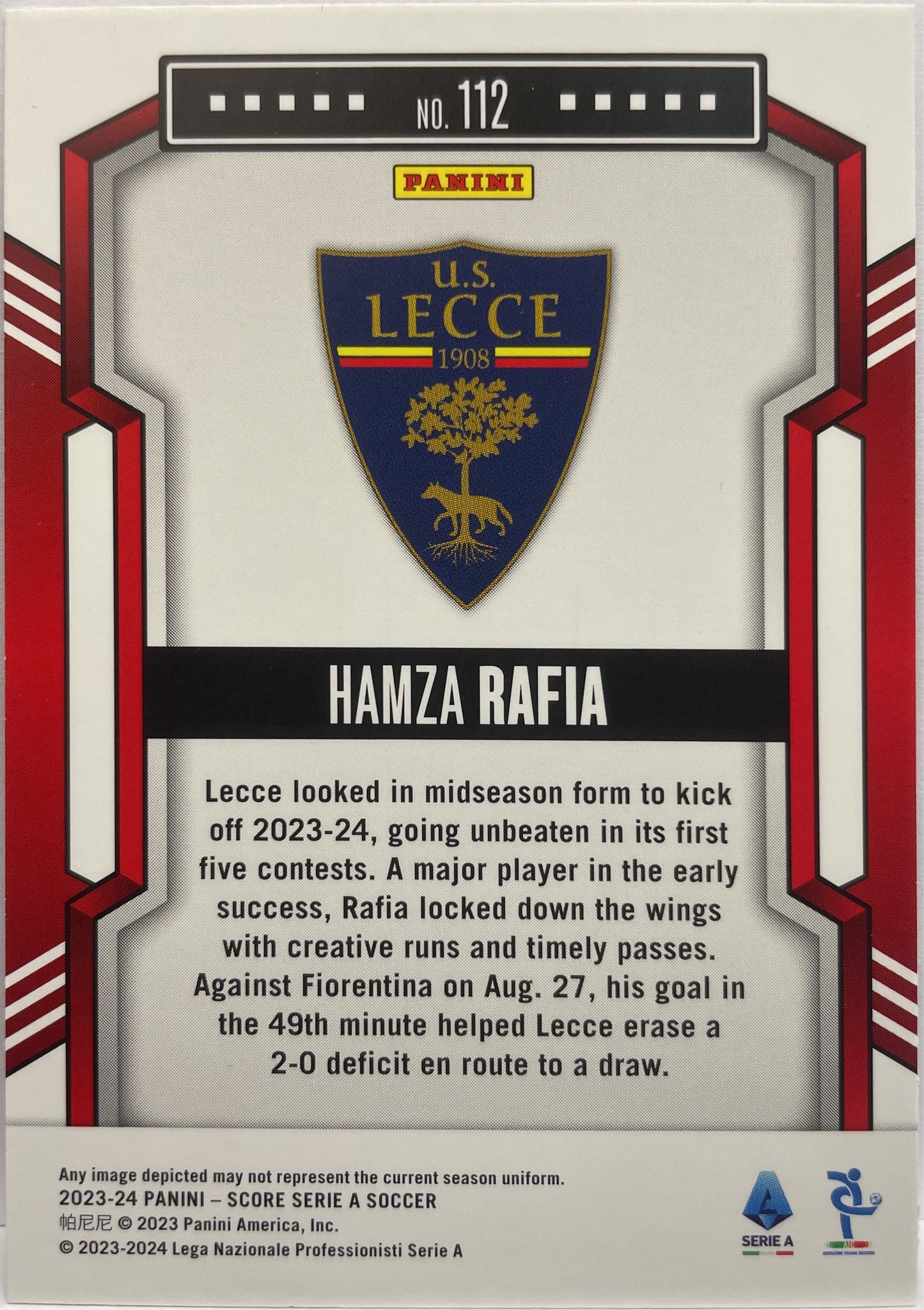 Hamza Rafia 14/30 Rookie Red Swirl Score Serie A 2023/24