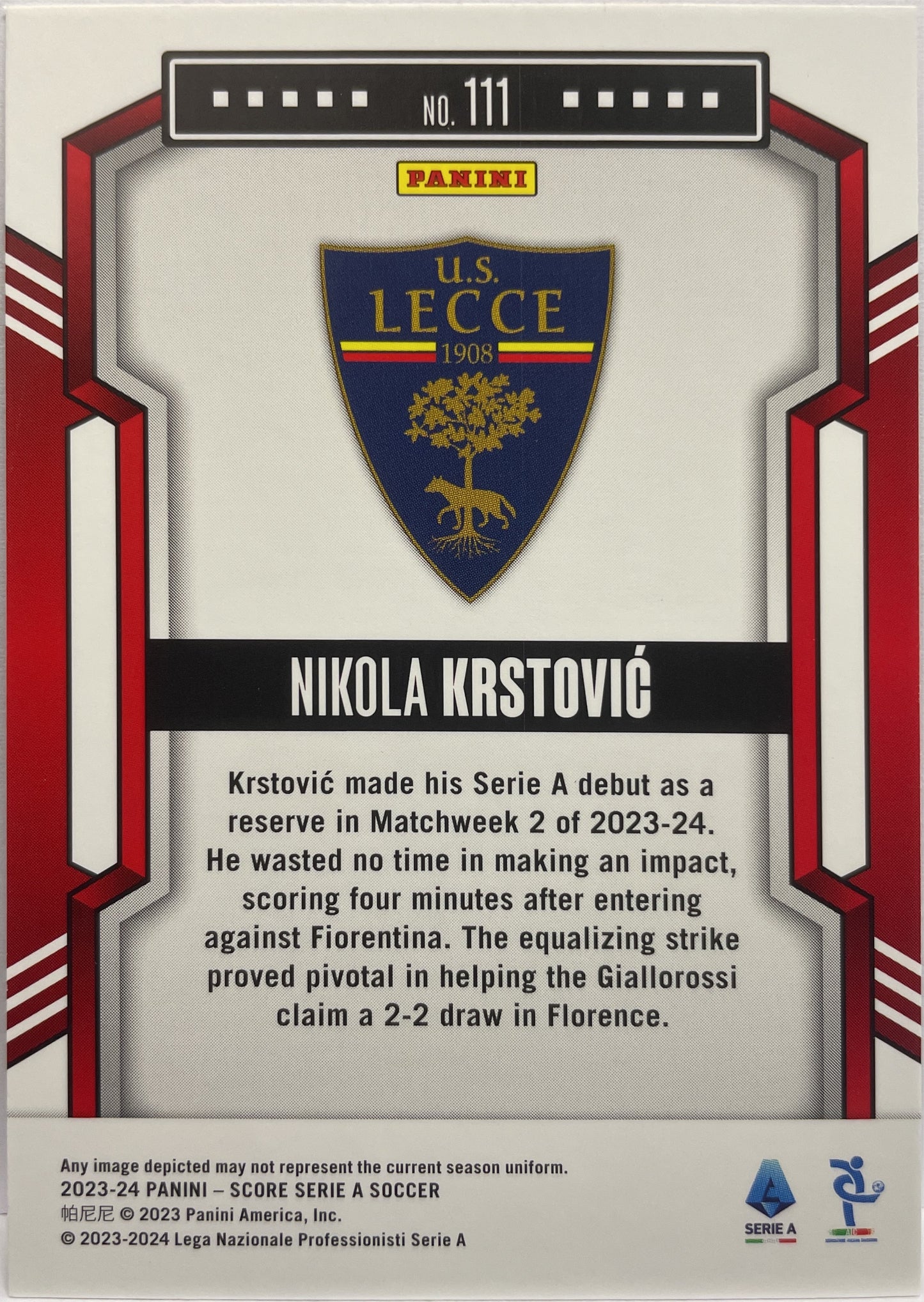 Nikola Krstovic 11/30 Rookie Red Swirl Score Serie A 2023/24