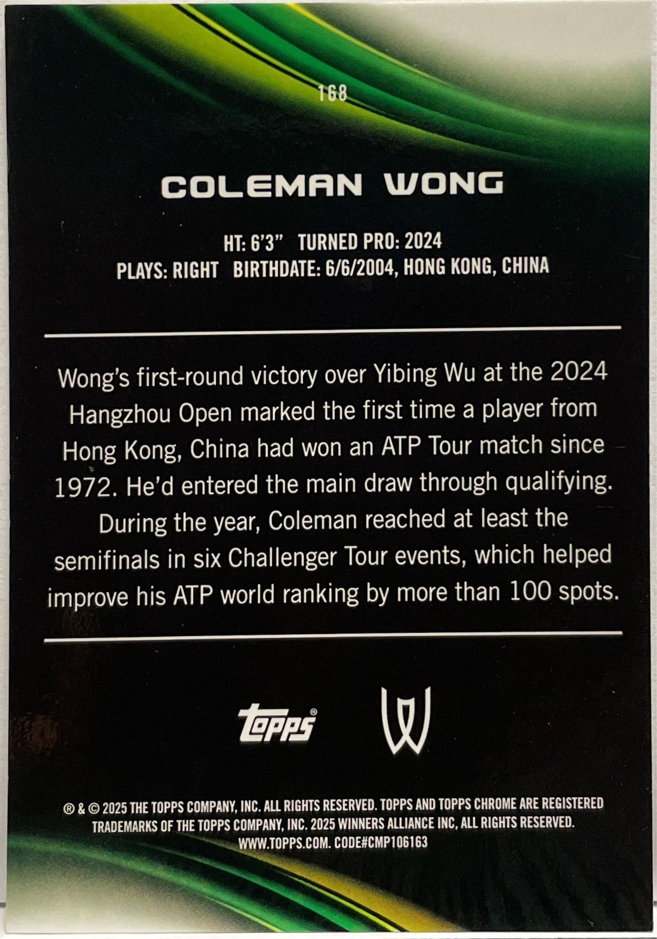 Coleman Wong 1/50 Gold Topps Chrome Tennis 2025