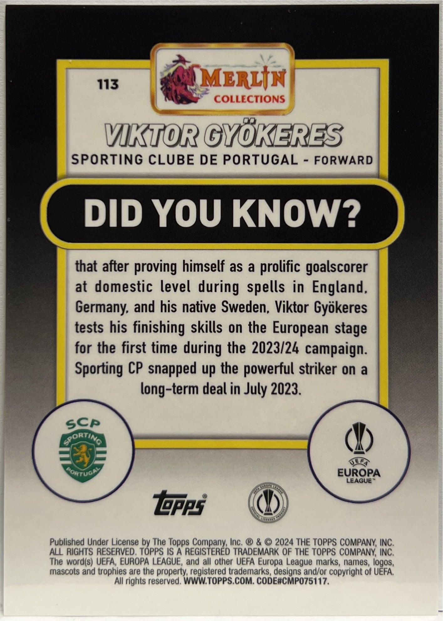 Viktor Gyokeres 359/399 Rookie Green Shimmer Topps Chrome Merlin UCC 2023/24