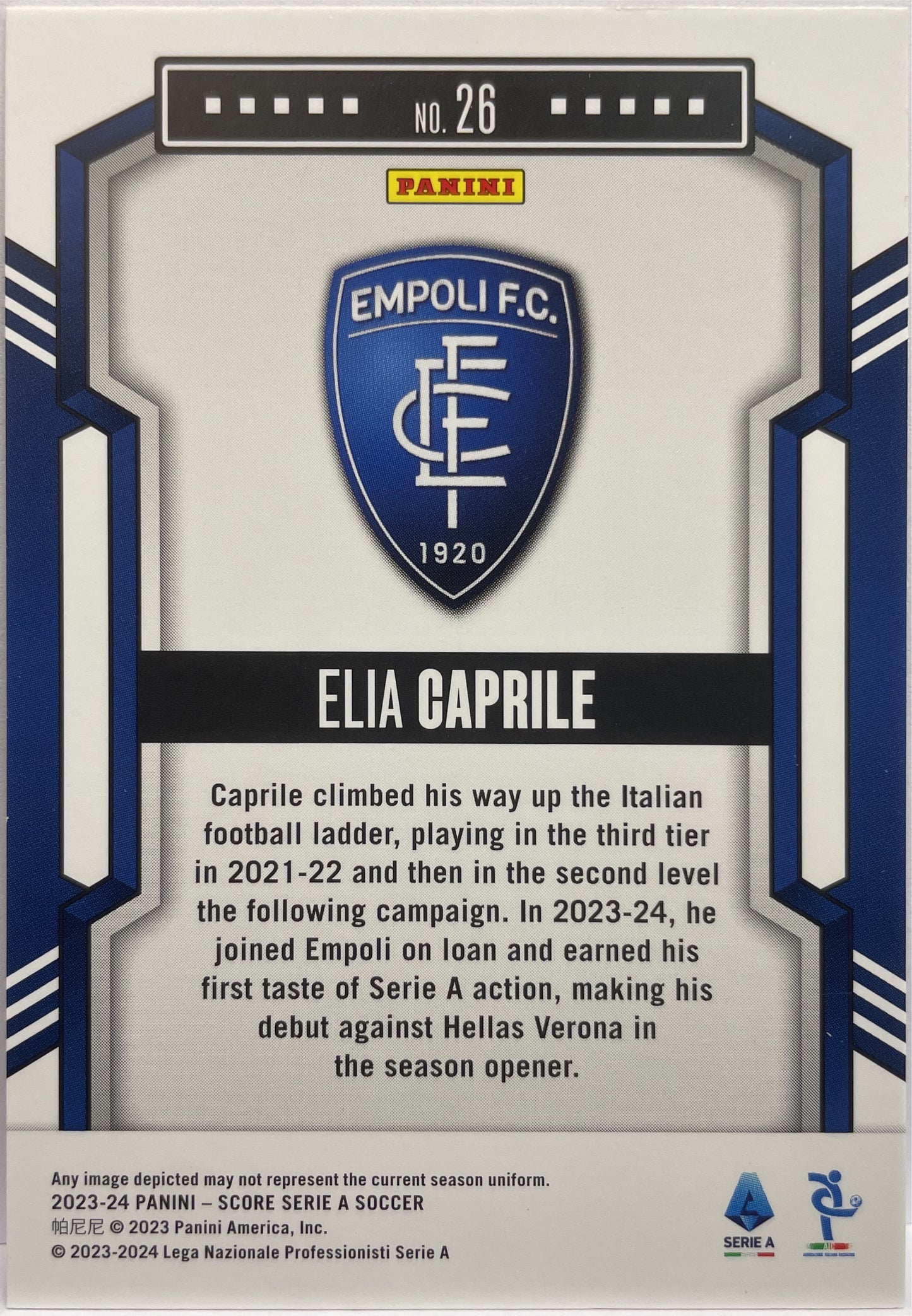 Elia Caprile 3/30 Rookie Red Swirl Score Serie A 2023/24