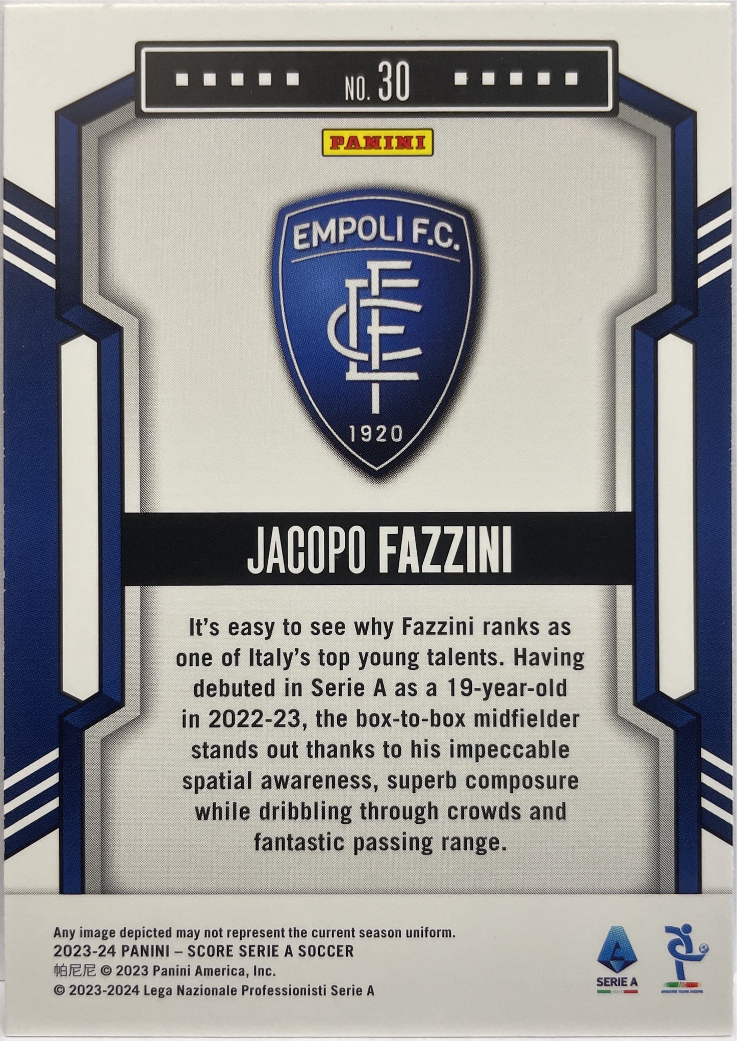 Jacopo Fazzini 22/25 Rookie Bronze Swirl Score Serie A 2023/24