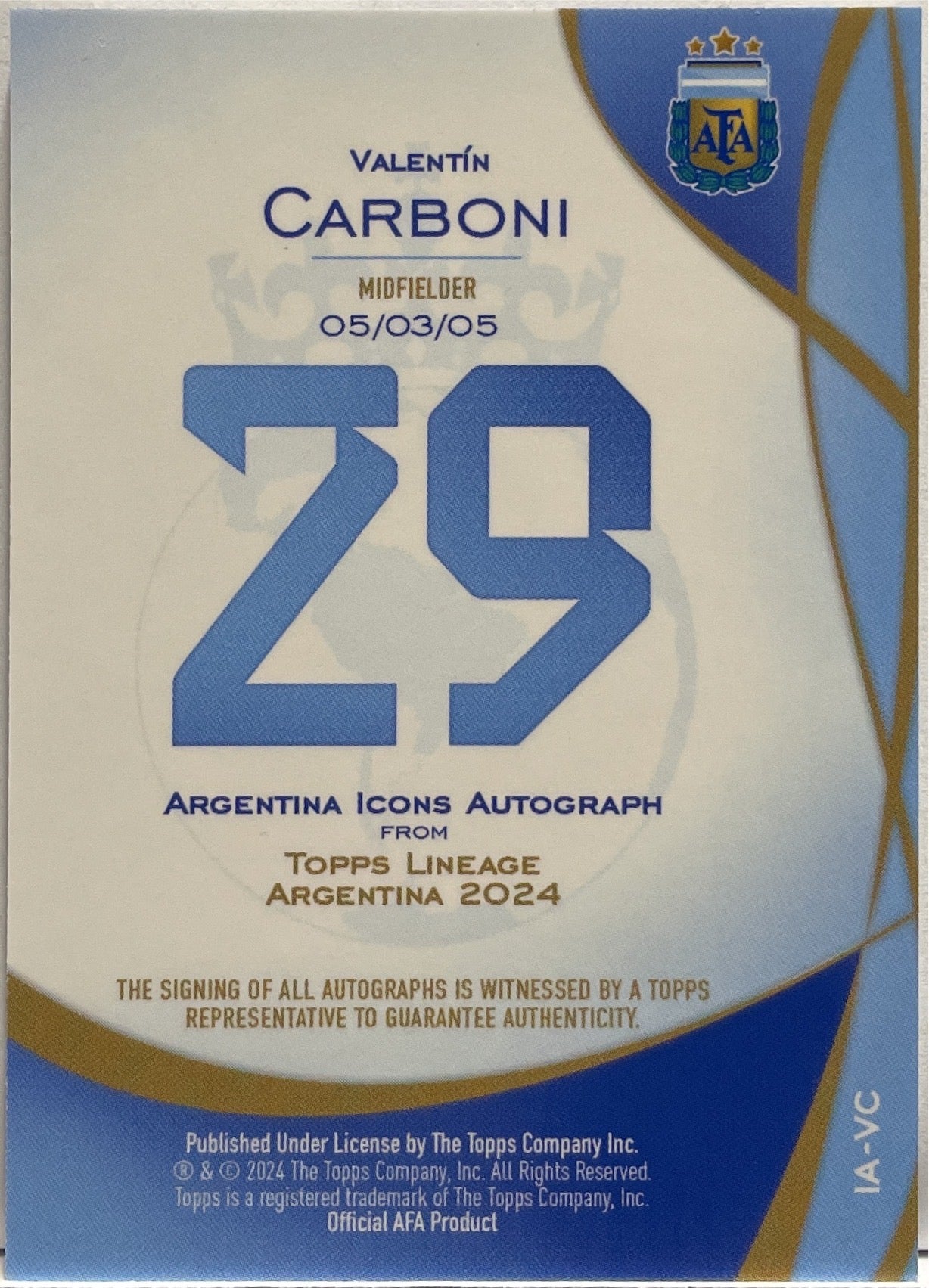 Valentin Carboni Autograph National Debut Topps Lineage Argentina 2024 .2