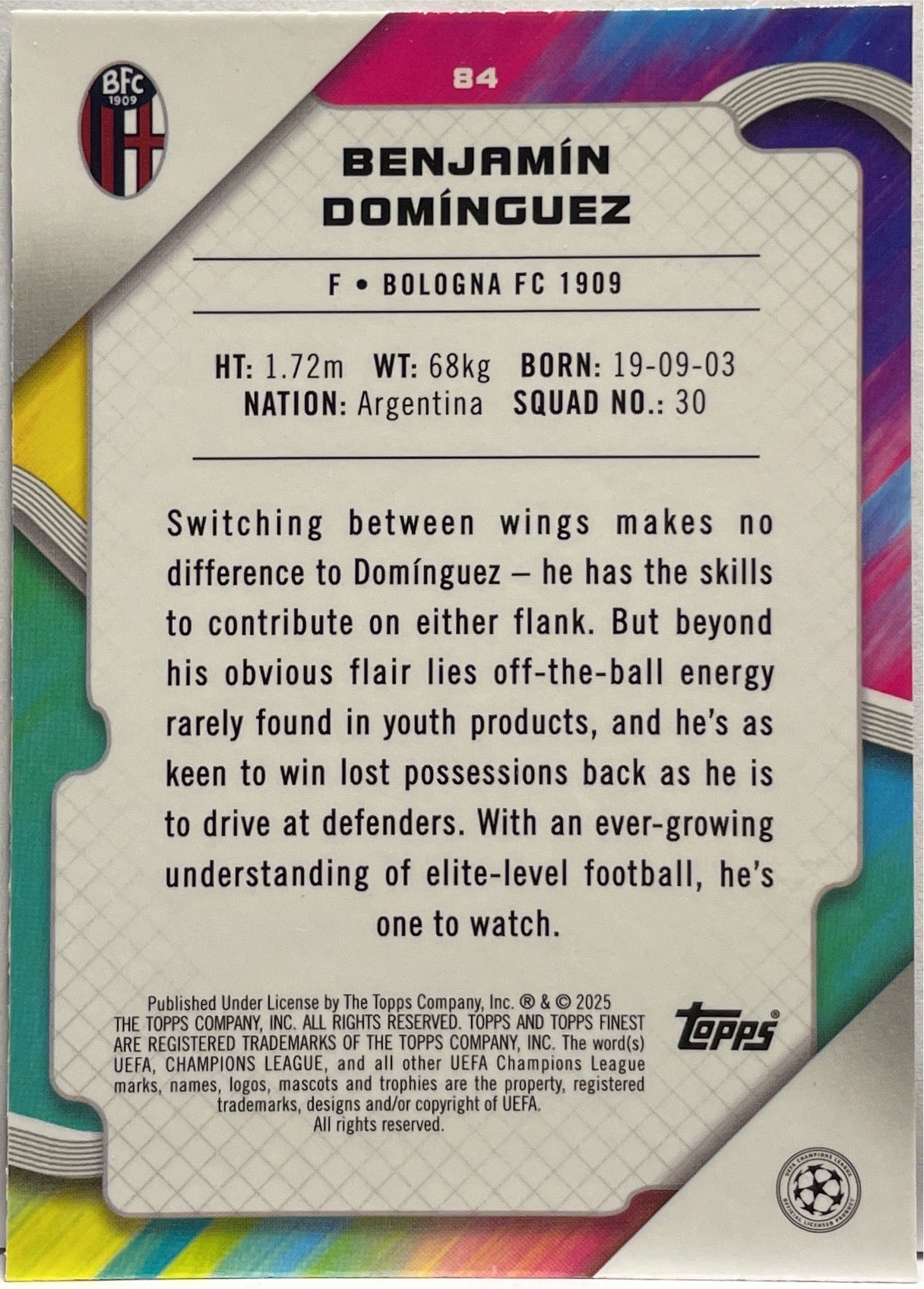 Benjamin Dominguez 54/250 Rookie Pink Raywave Topps Finest UCC 2024/25