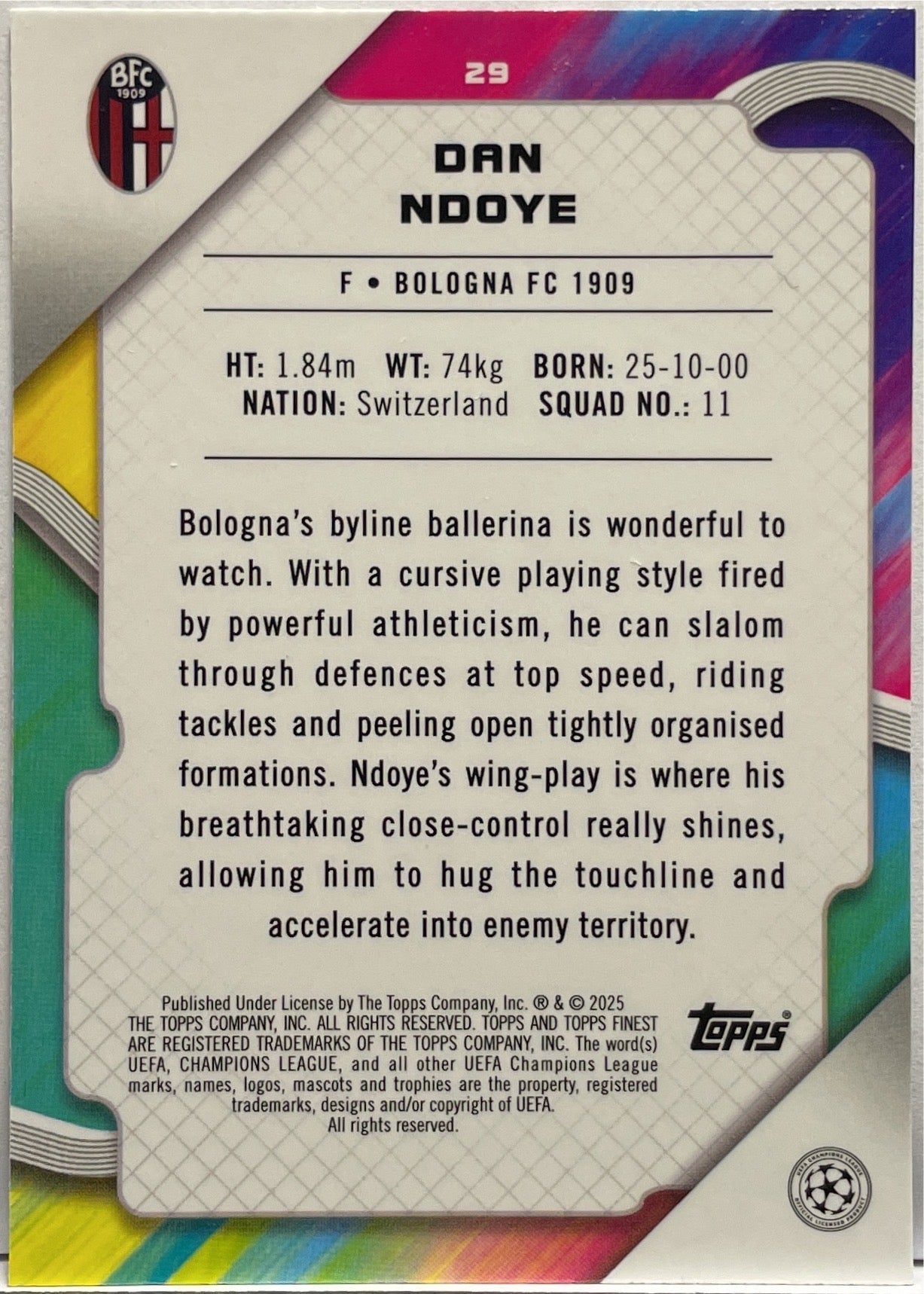 Dan Ndoye 133/150 Rookie Blue Raywave Topps Finest UCC 2024/25