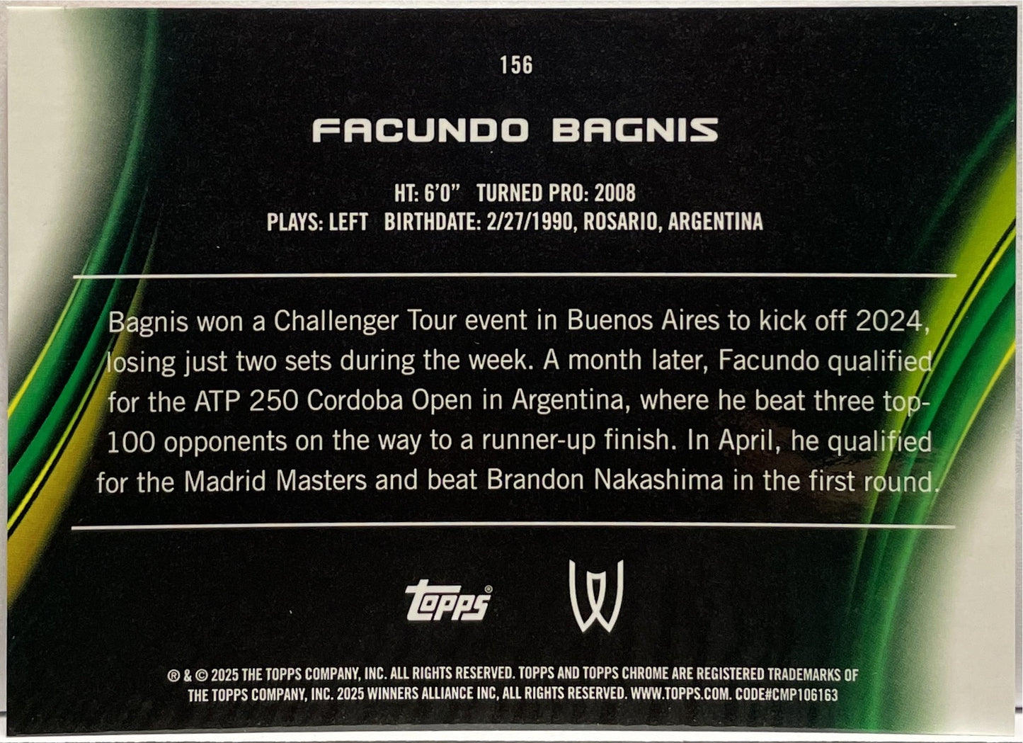Facundo Bagnis 14/25 Orange 1ST Topps Chrome Tennis 2025