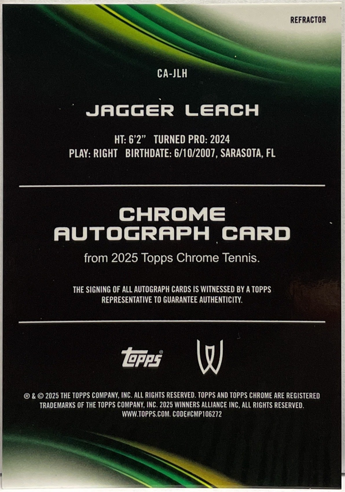 Jagger Leach Rookie Autograph Refractor Topps Chrome Tennis 2025