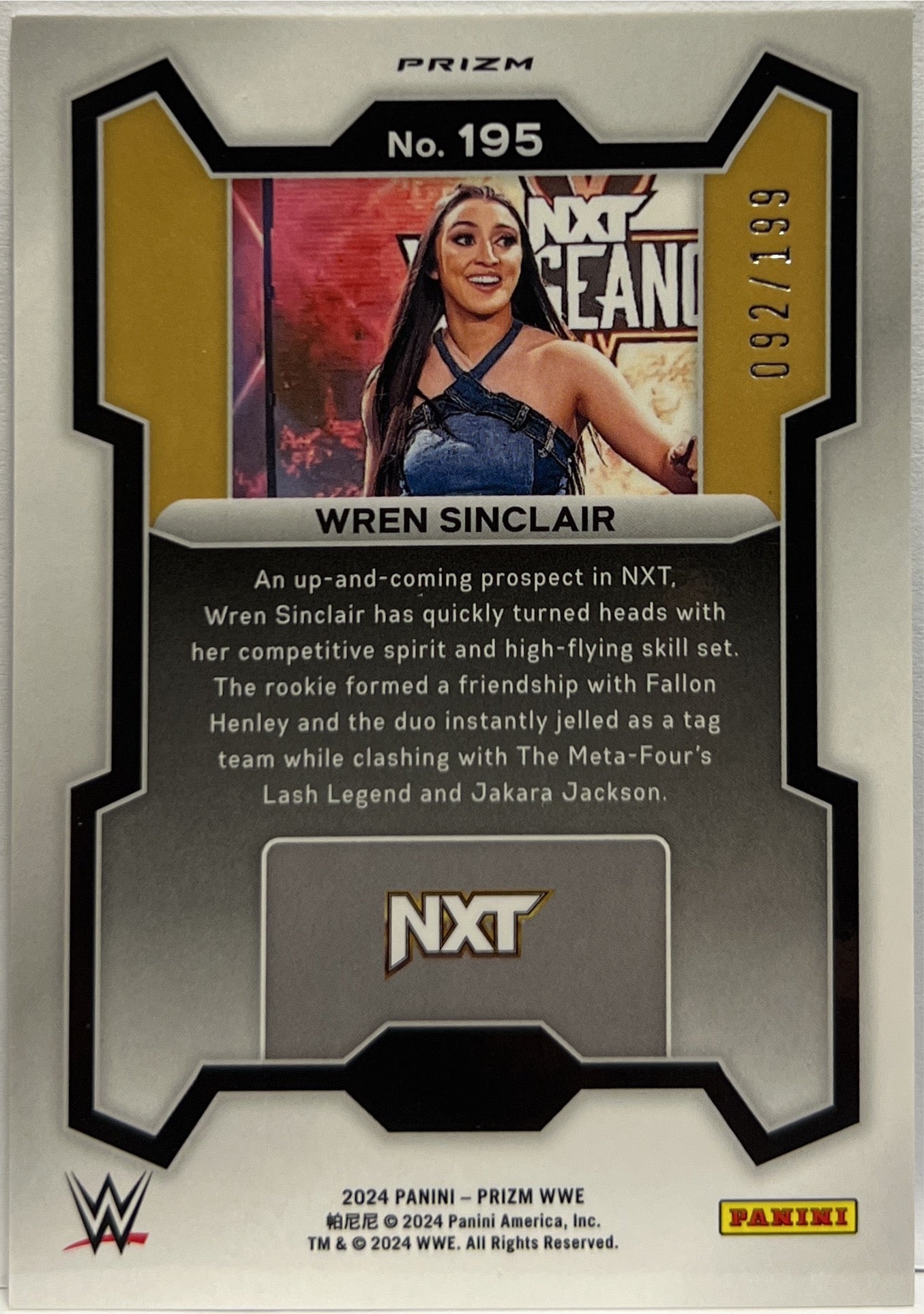Wren Sinclair 92/199 Rookie Blue Panini Prizm WWE 2024