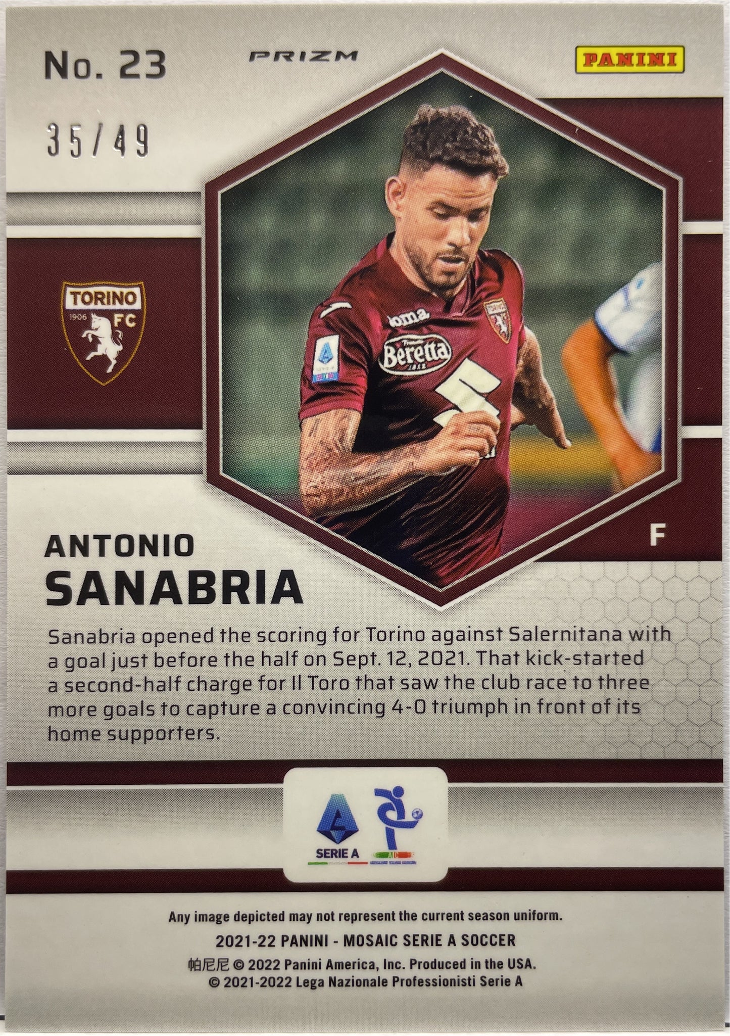 Antonio Sanabria 35/49 Rookie Purple Mosaic Serie A 2021/22