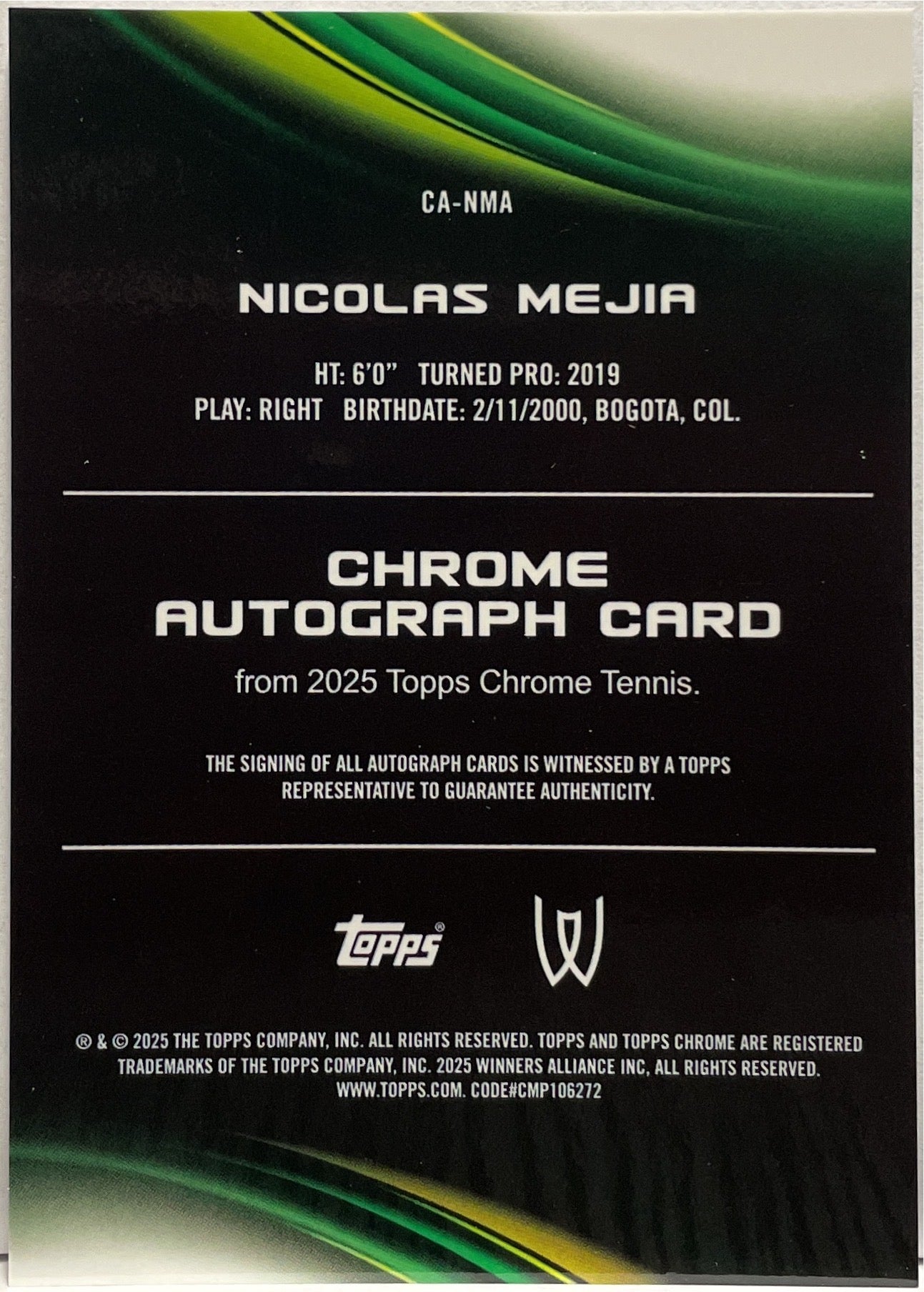 Nicolas Mejia Autograph Topps Chrome Tennis 2025
