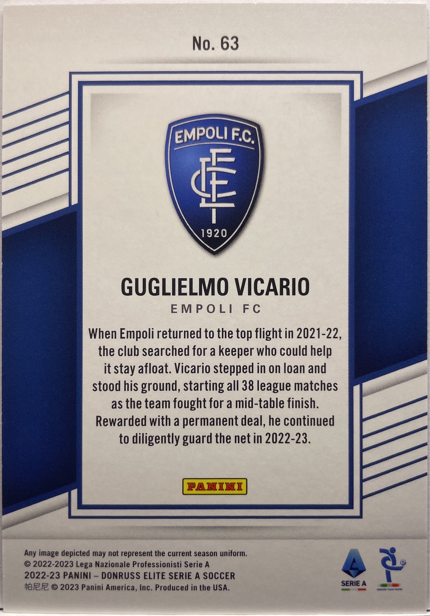 Guglielmo Vicario 14/15 Donruss Elite Serie A 2022/23