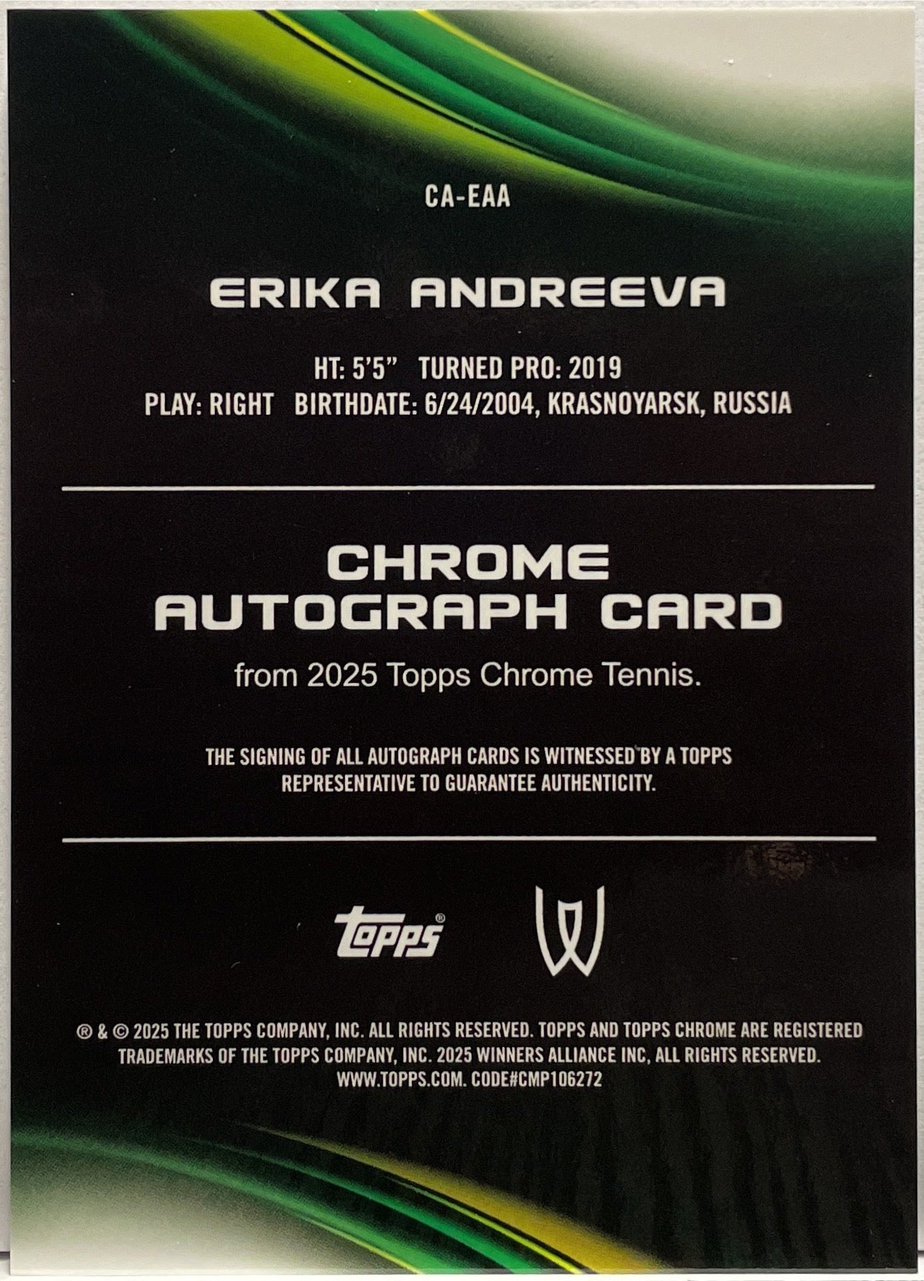 Erika Andreeva Autograph Topps Chrome Tennis 2025