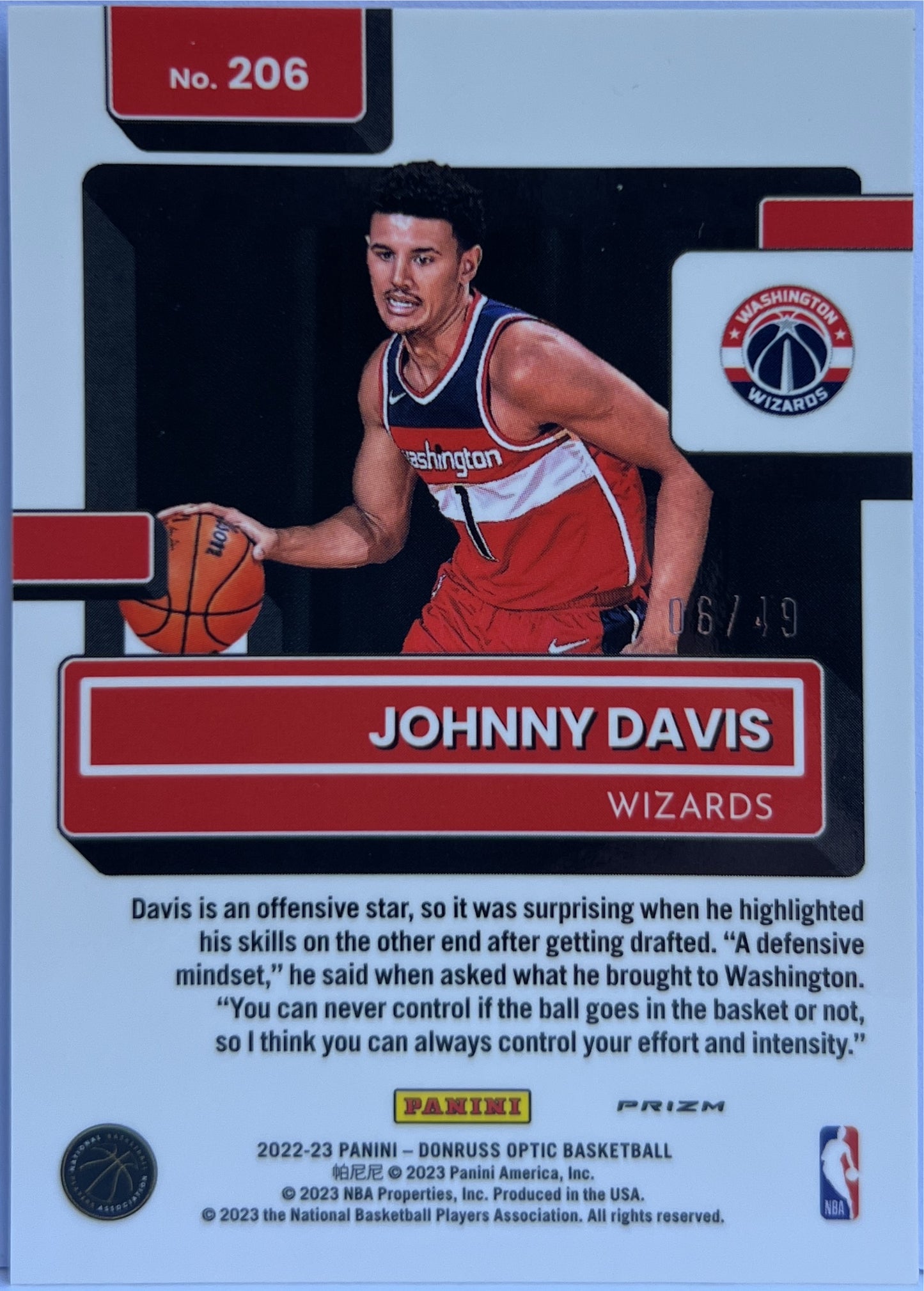 Johnny Davis 6/49 Rated Rookie Blue Donruss Optic Basketball NBA 2022/23