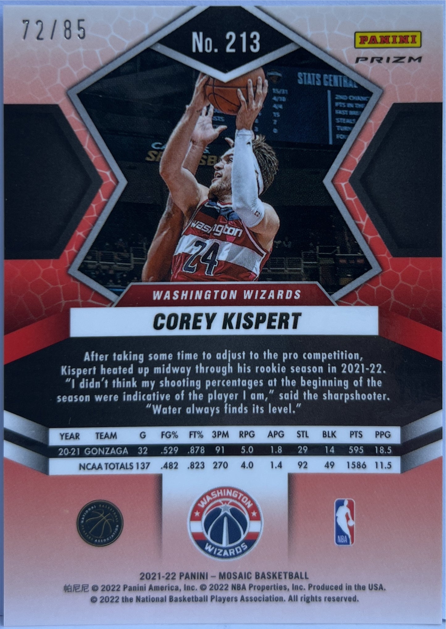 Corey Kispert 72/85 Rookie Blue Mosaic Basketball NBA 2021/22