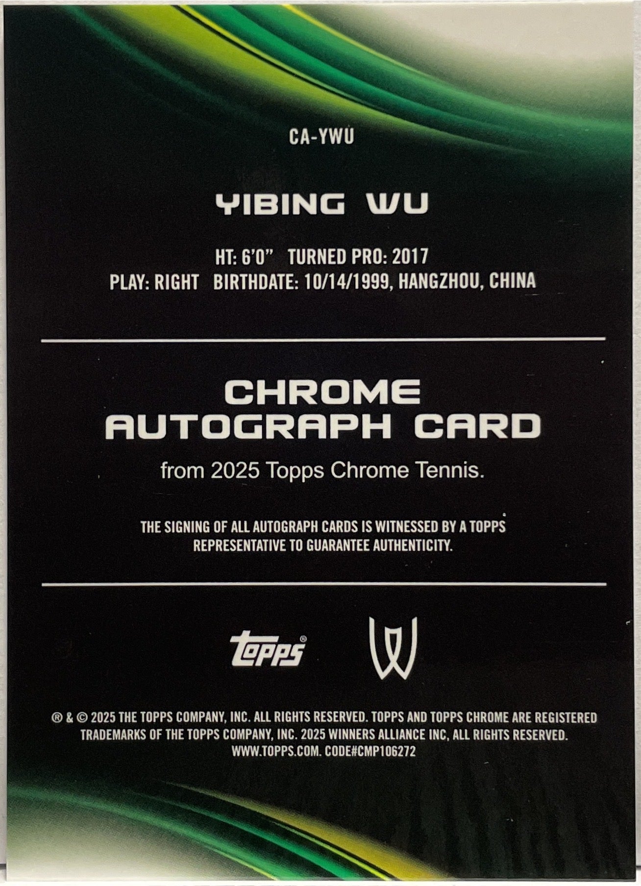 Yibing Wu 31/50 Autograph Gold Refractor Topps Chrome Tennis 2025