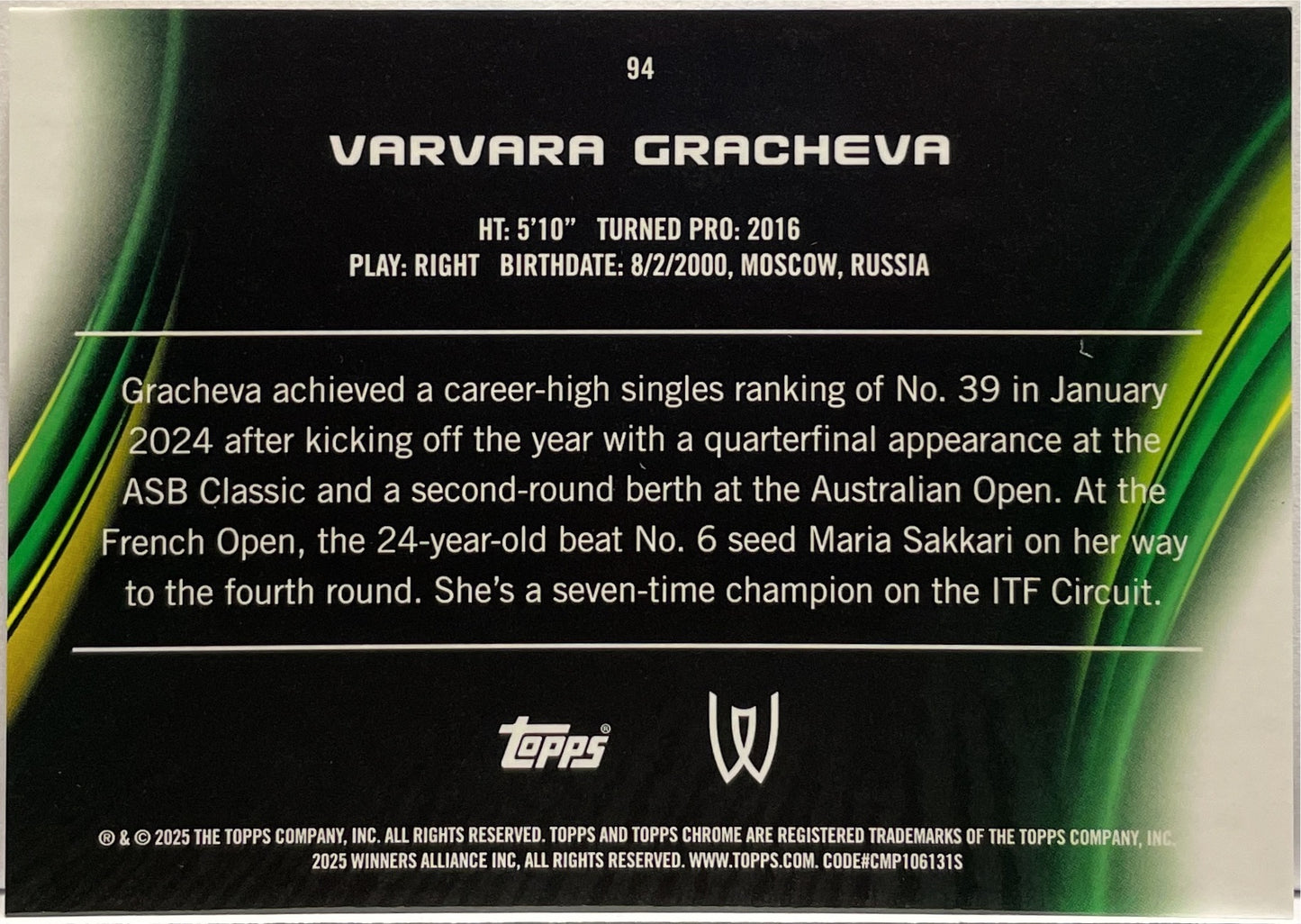 Varvara Gracheva 19/50 Gold Topps Chrome Tennis 2025