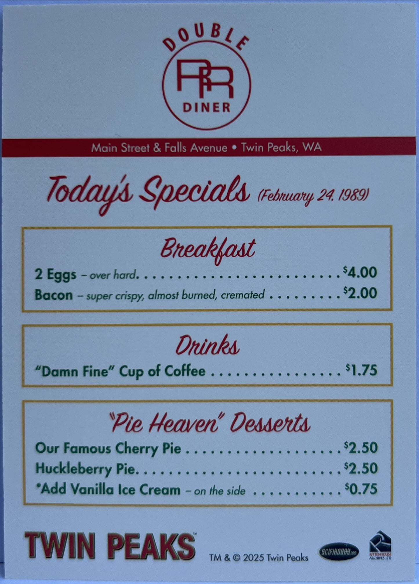 Double Diner Menu Today's Specials Promo Card Twin Peaks The Log Lady Chronicles 2025