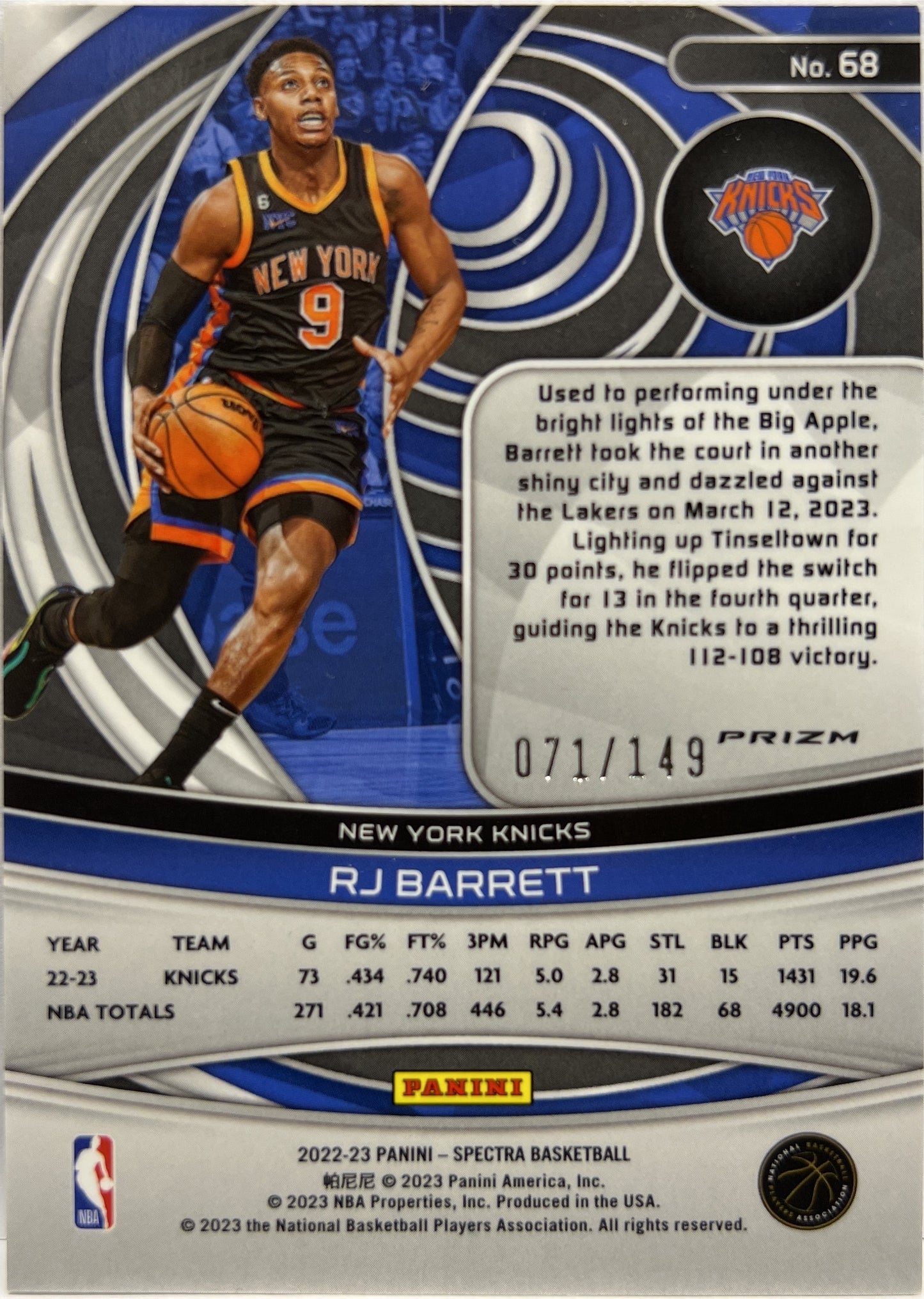 RJ Barrett 71/149 Celestial Spectra Basketball NBA 2022/23