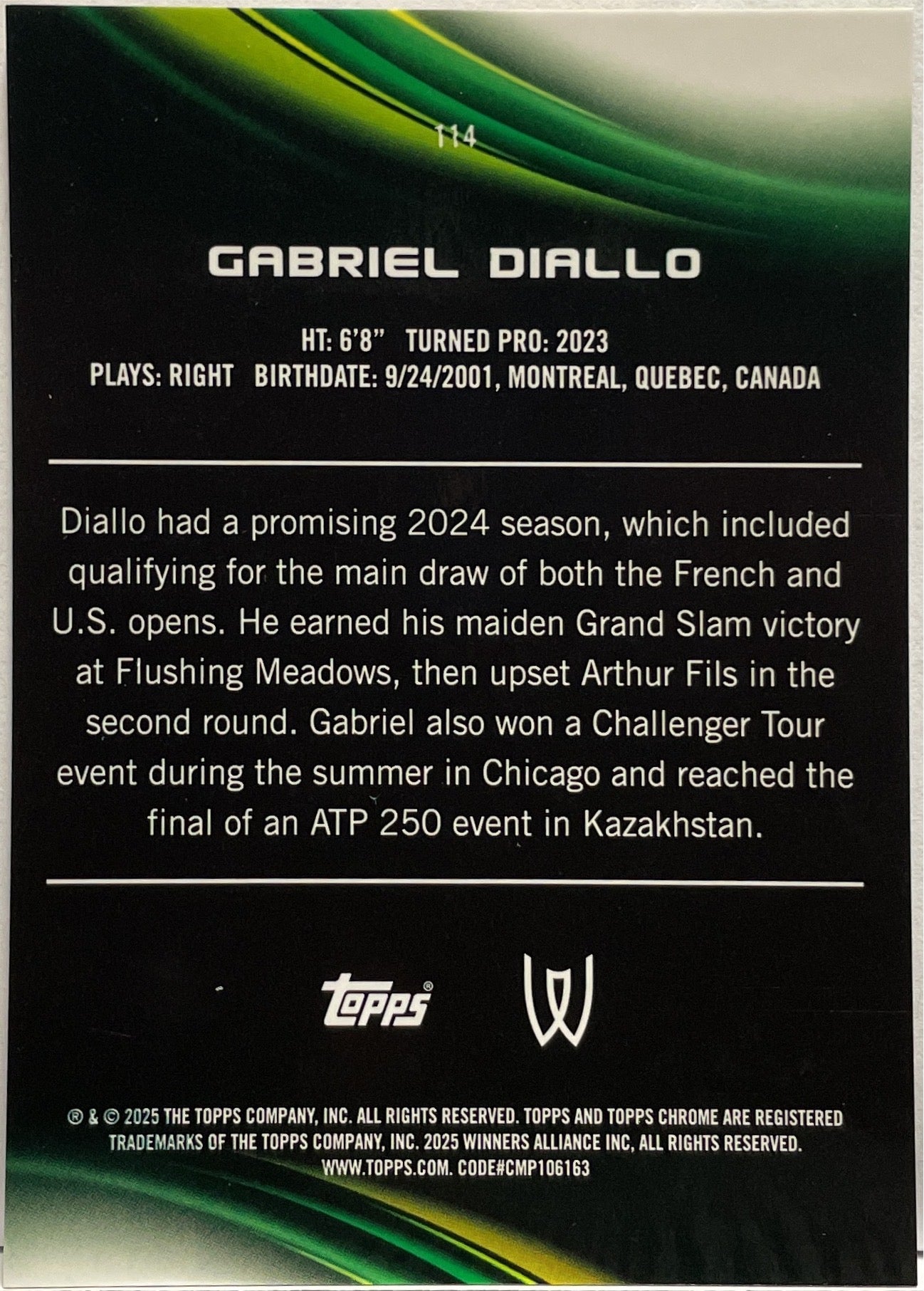 Gabriel Diallo 30/50 Gold Topps Chrome Tennis 2025