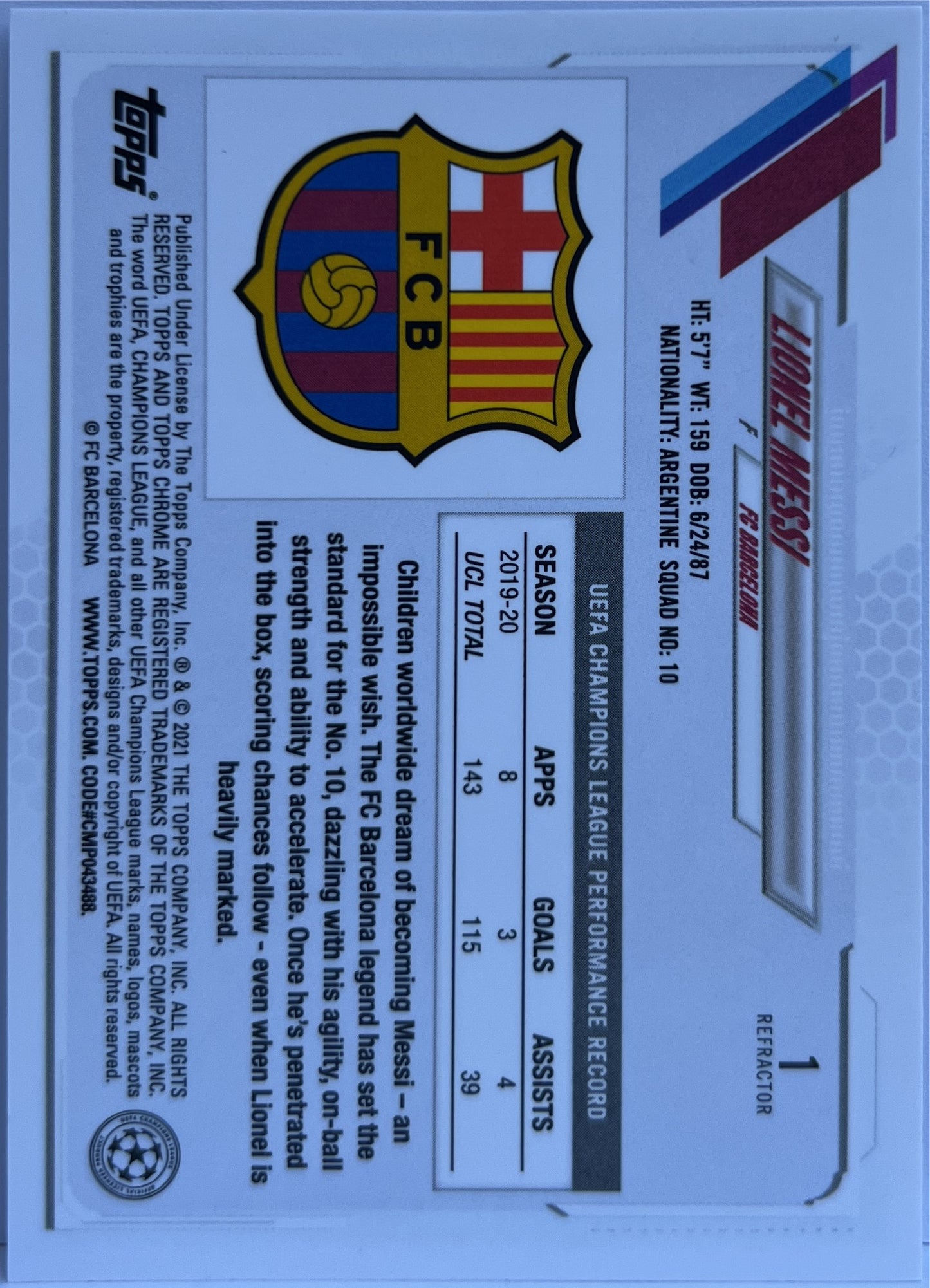 Lionel Messi Refractor Topps Chrome UCL 2020/21