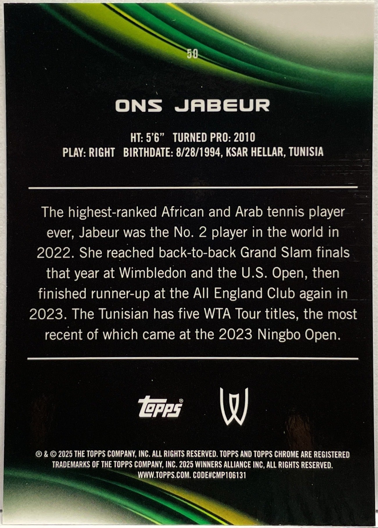 Ons Jabeur 45/99 Green Topps Chrome Tennis 2025