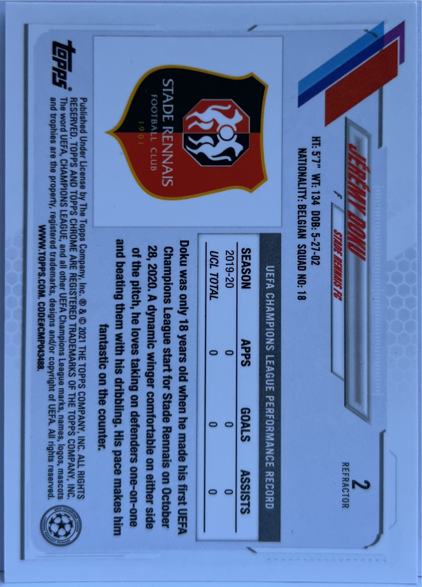 Jeremy Doku Rookie Refractor Topps Chrome UCL 2020/21