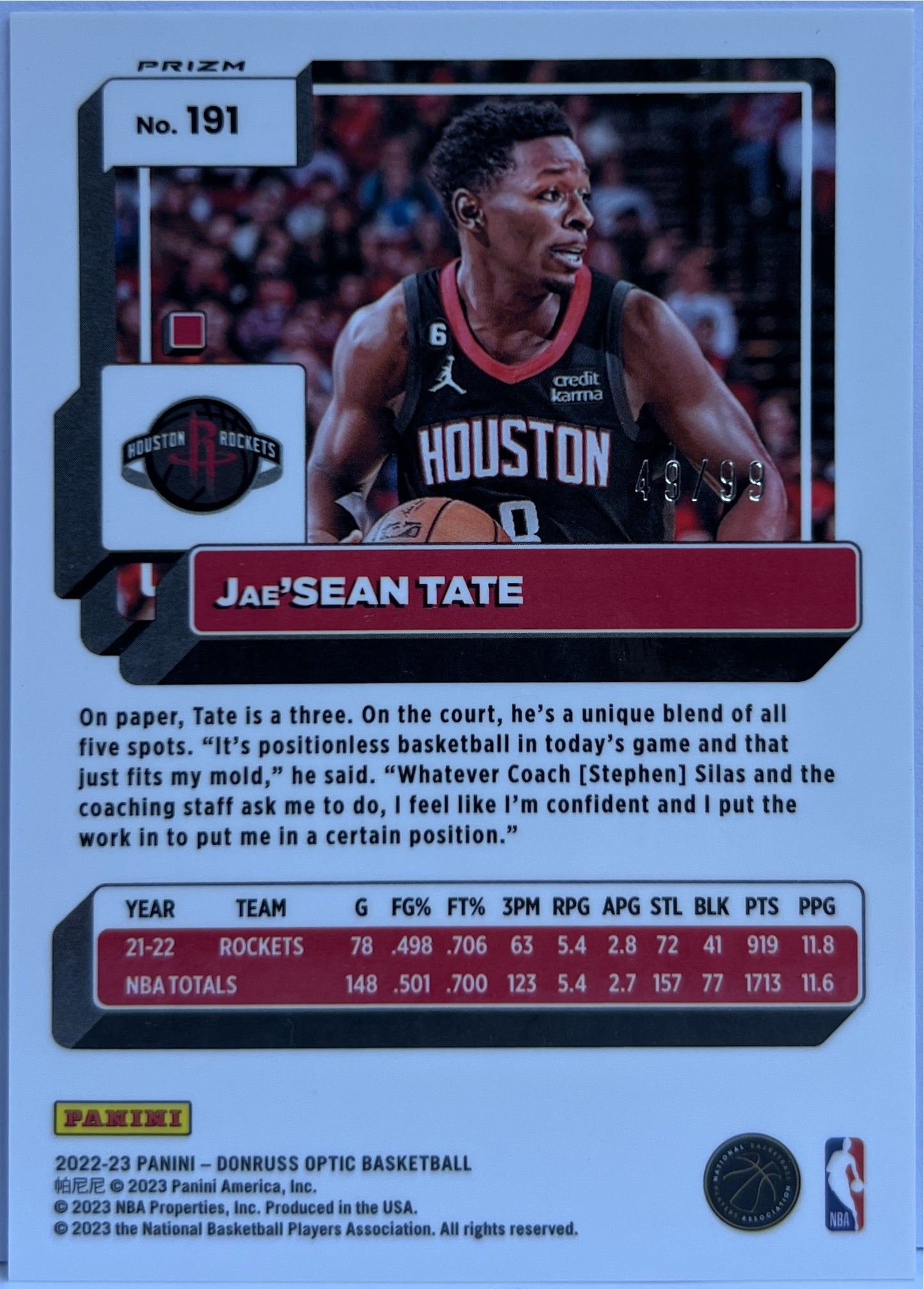 Jae' Sean Tate 49/99 Purple Donruss Optic Basketball NBA 2022/23