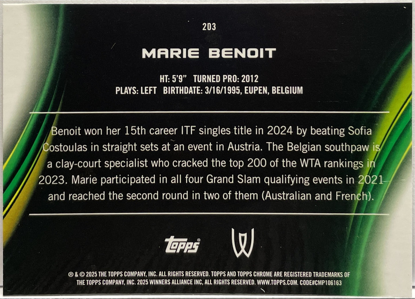 Marie Benoit 41/125 Purple 1ST Topps Chrome Tennis 2025