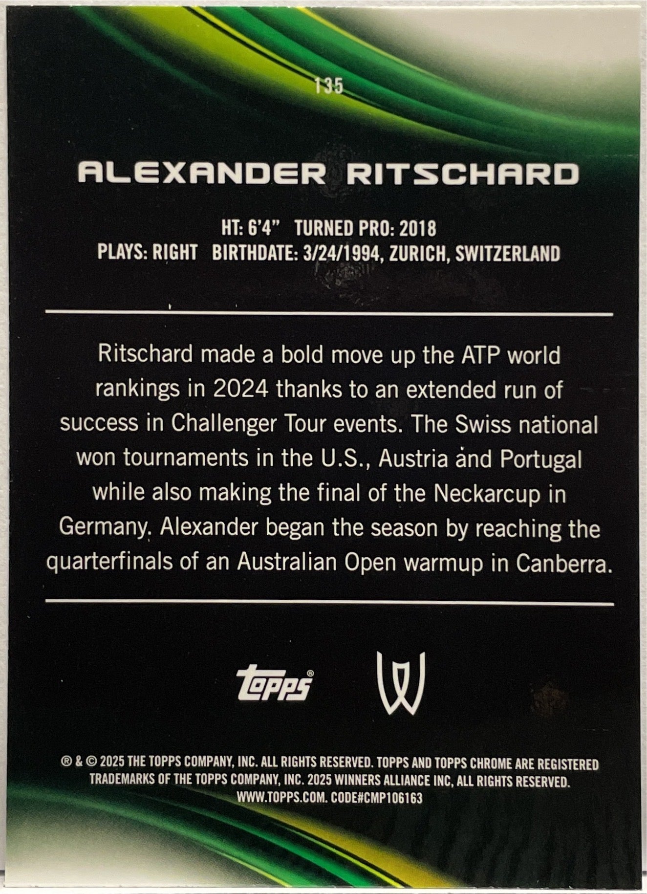 Alexander Ritschard 15/125 Purple 1ST Topps Chrome Tennis 2025