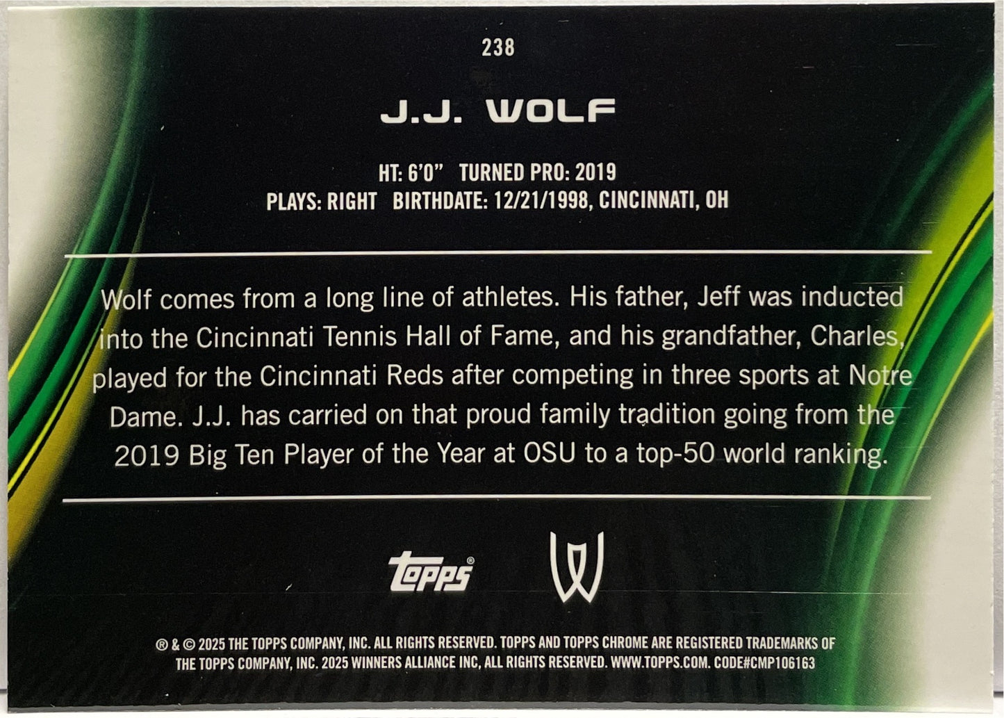JJ Wolf 41/125 Purple Topps Chrome Tennis 2025