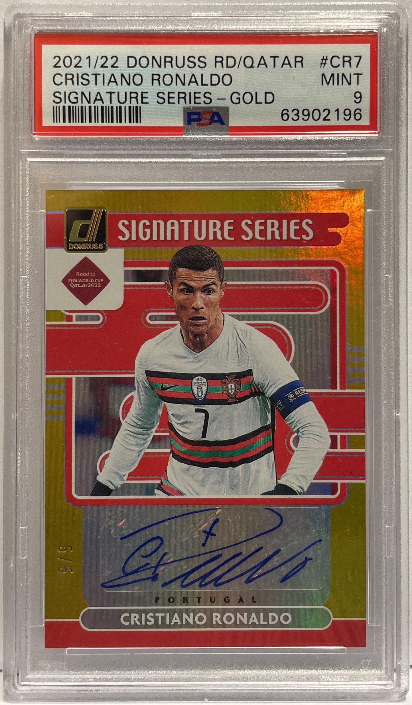 Cristiano Ronaldo 5/5 Autograph Signature Series Gold Panini Donruss Road To Qatar 2021/22 PSA 9