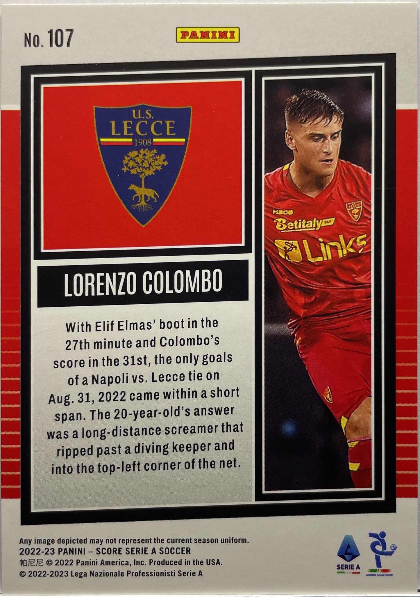 Lorenzo Colombo 5/55 Rookie Bronze Swirl Score Serie A 2022/23