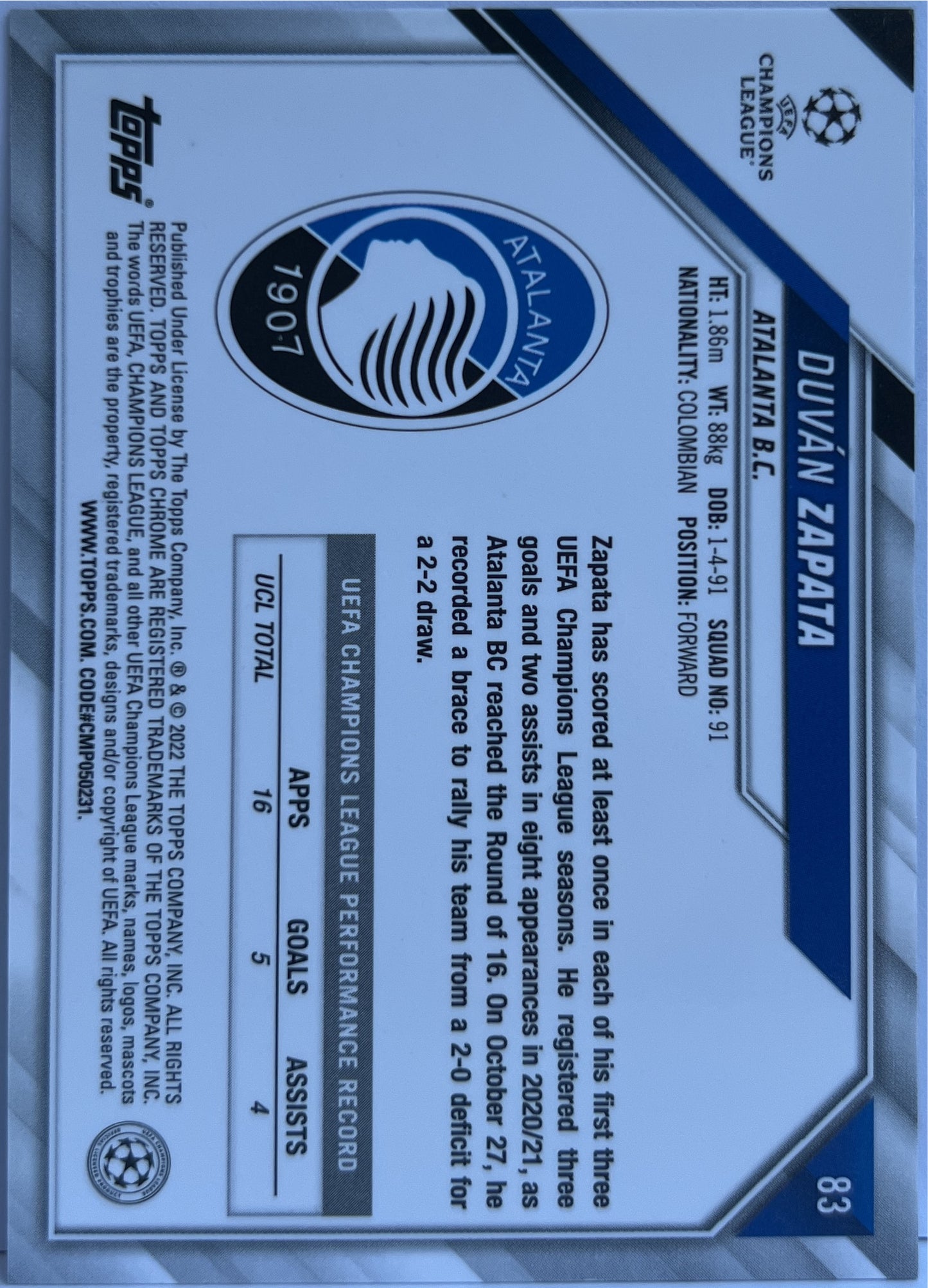 Duvan Zapata Aqua Lava Topps Chrome UCL 2021/22