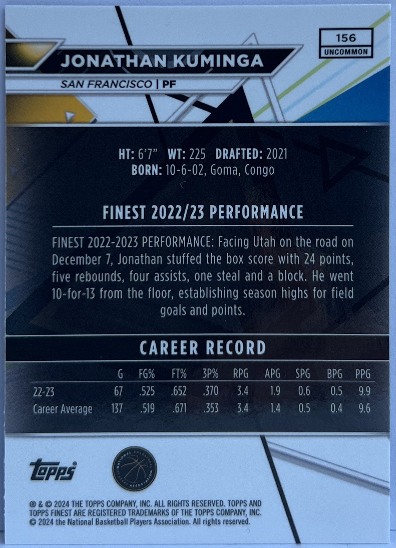 Jonathan Kuminga 23/75 Blue Topps Finest NBA Basketball 2023/24