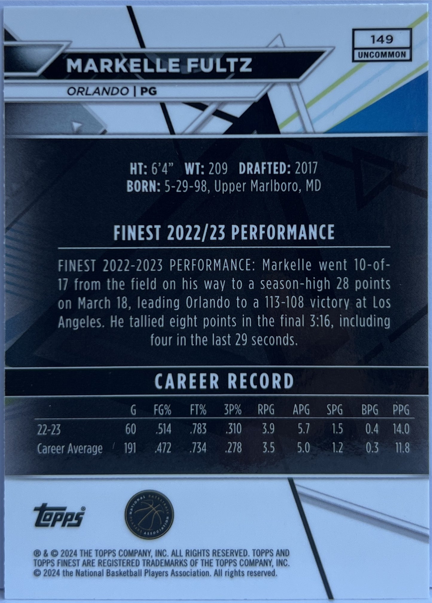 Markelle Fultz 10/99 Purple Topps Finest NBA Basketball 2023/24