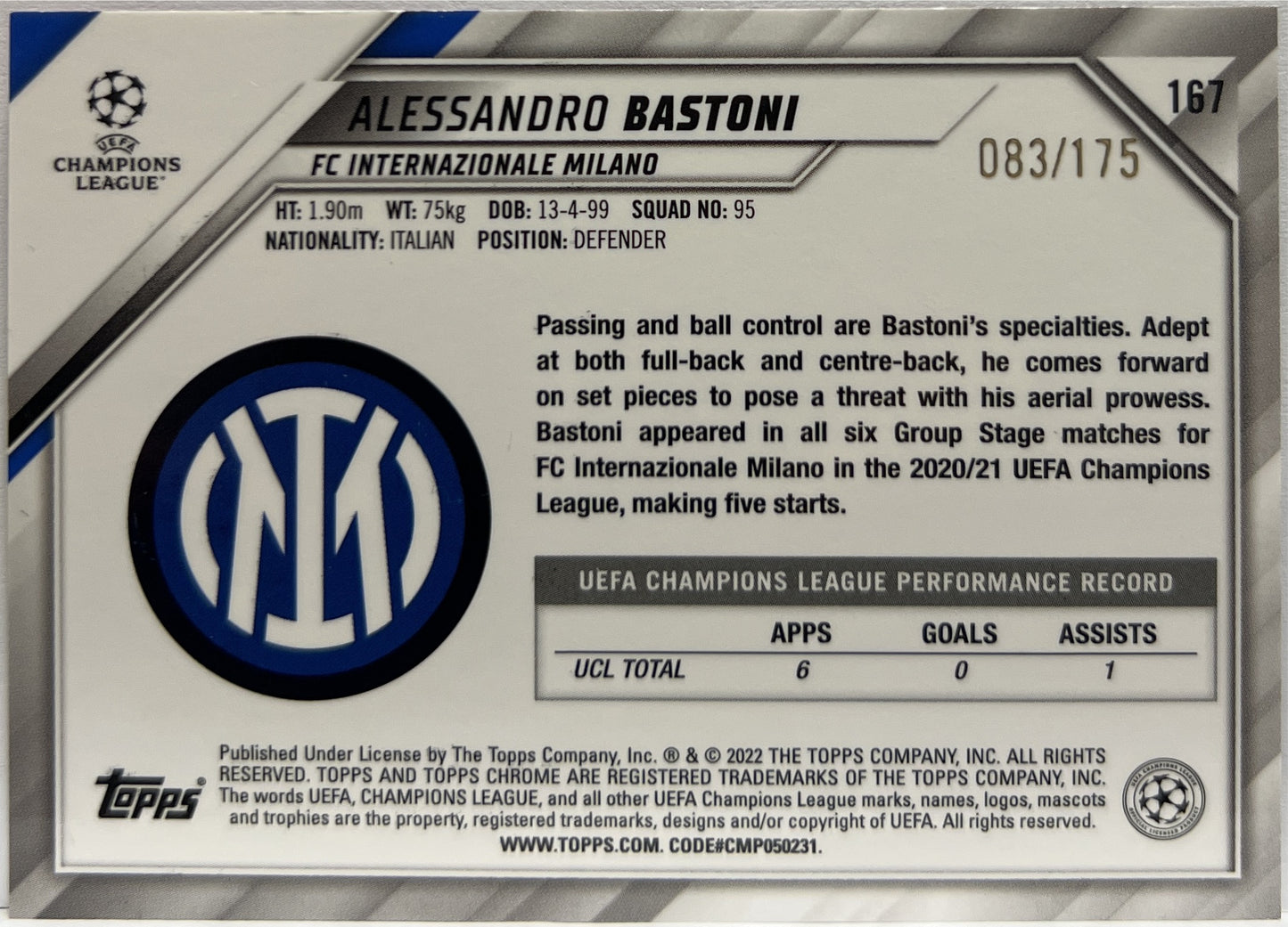 Alessandro Bastoni 83/175 Pink Topps Chrome UCL 2021/22
