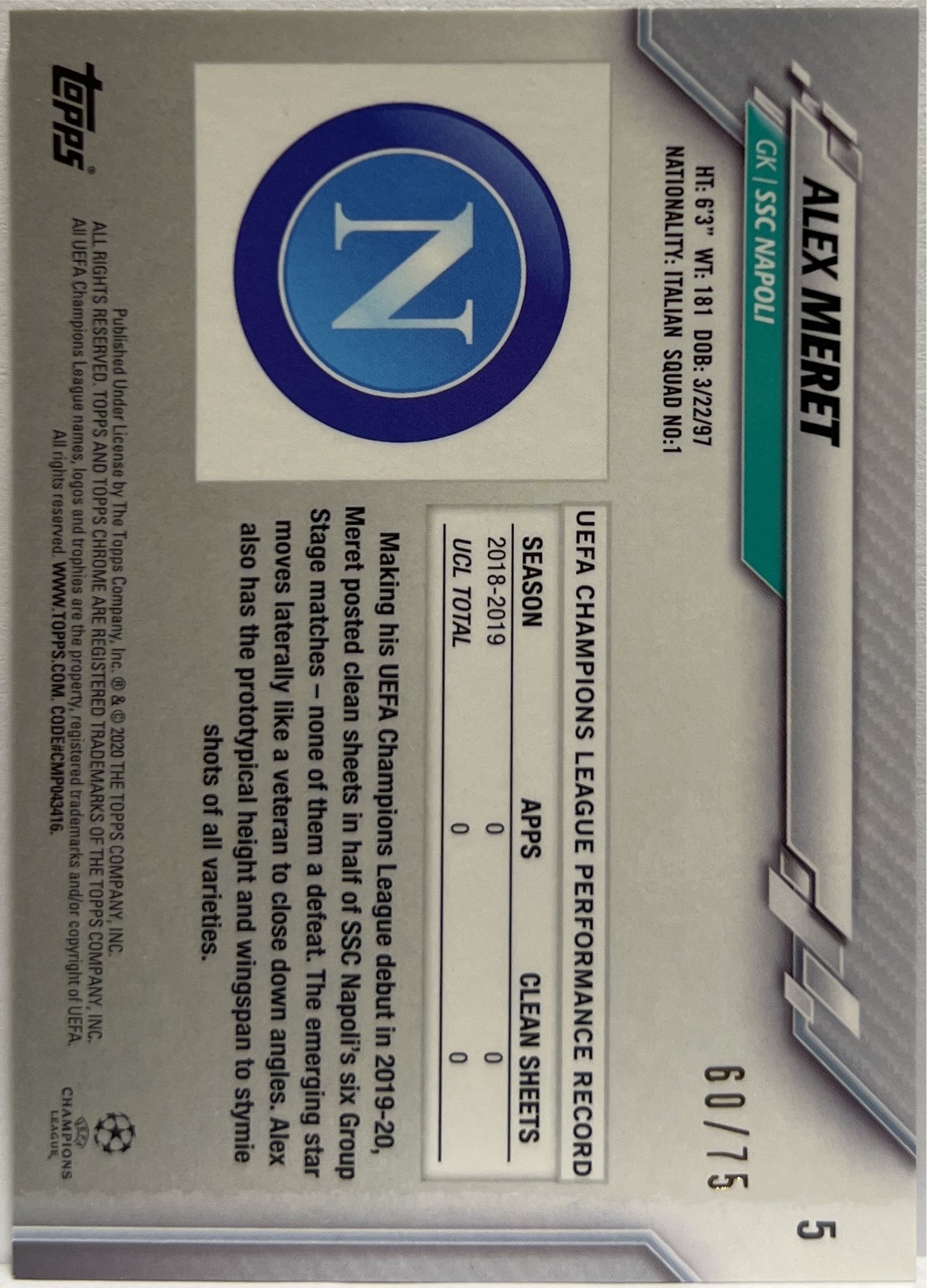 Alex Meret 60/75 Rookie Cracked Ice Green Topps Chrome UCL 2019/20