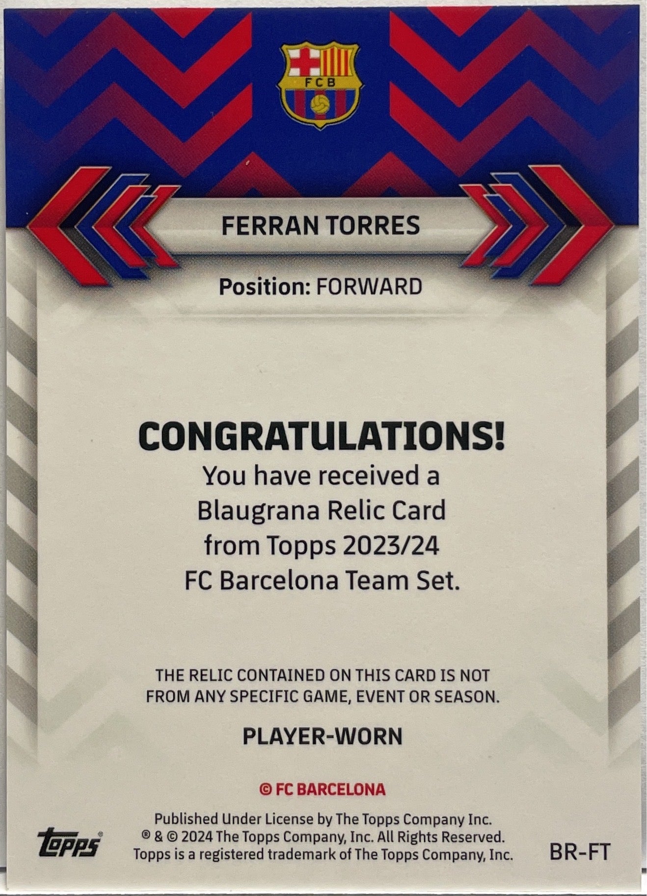 Ferran Torres 238/250 Patch Worn Blaugrana Topps Barcelona Team Set 2023/24