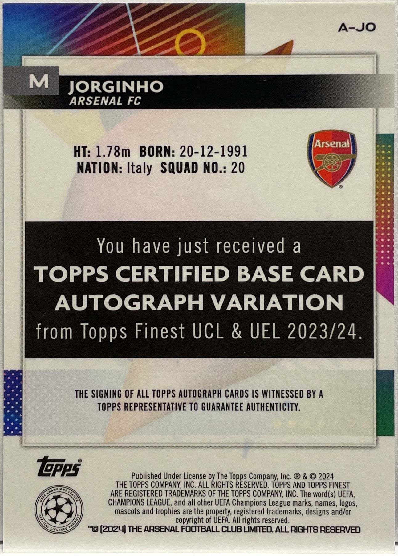 Jorginho Autograph Topps Finest UCC 2023/24