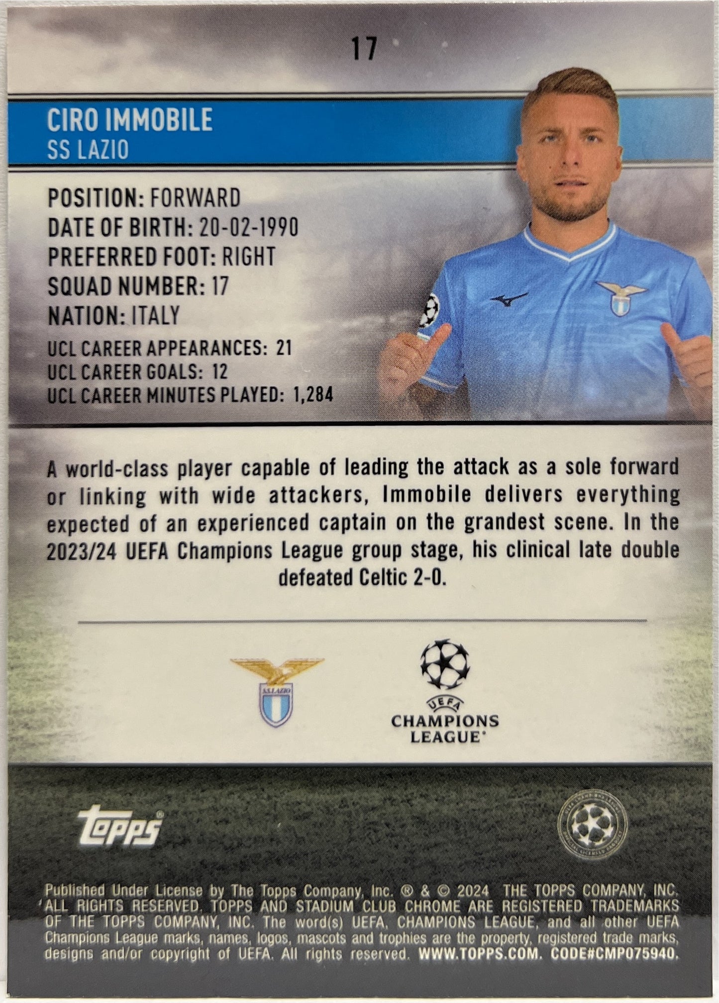 Ciro Immobile 7/15 Purple Topps Stadium Chrome 2023/24