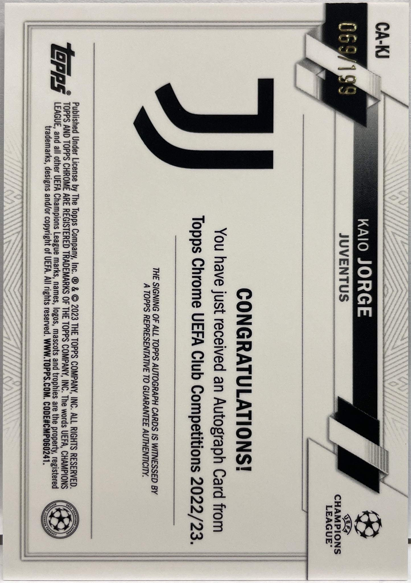 Kaio Jorge 69/199 Autograph Aqua Topps Chrome UCC 2022/23