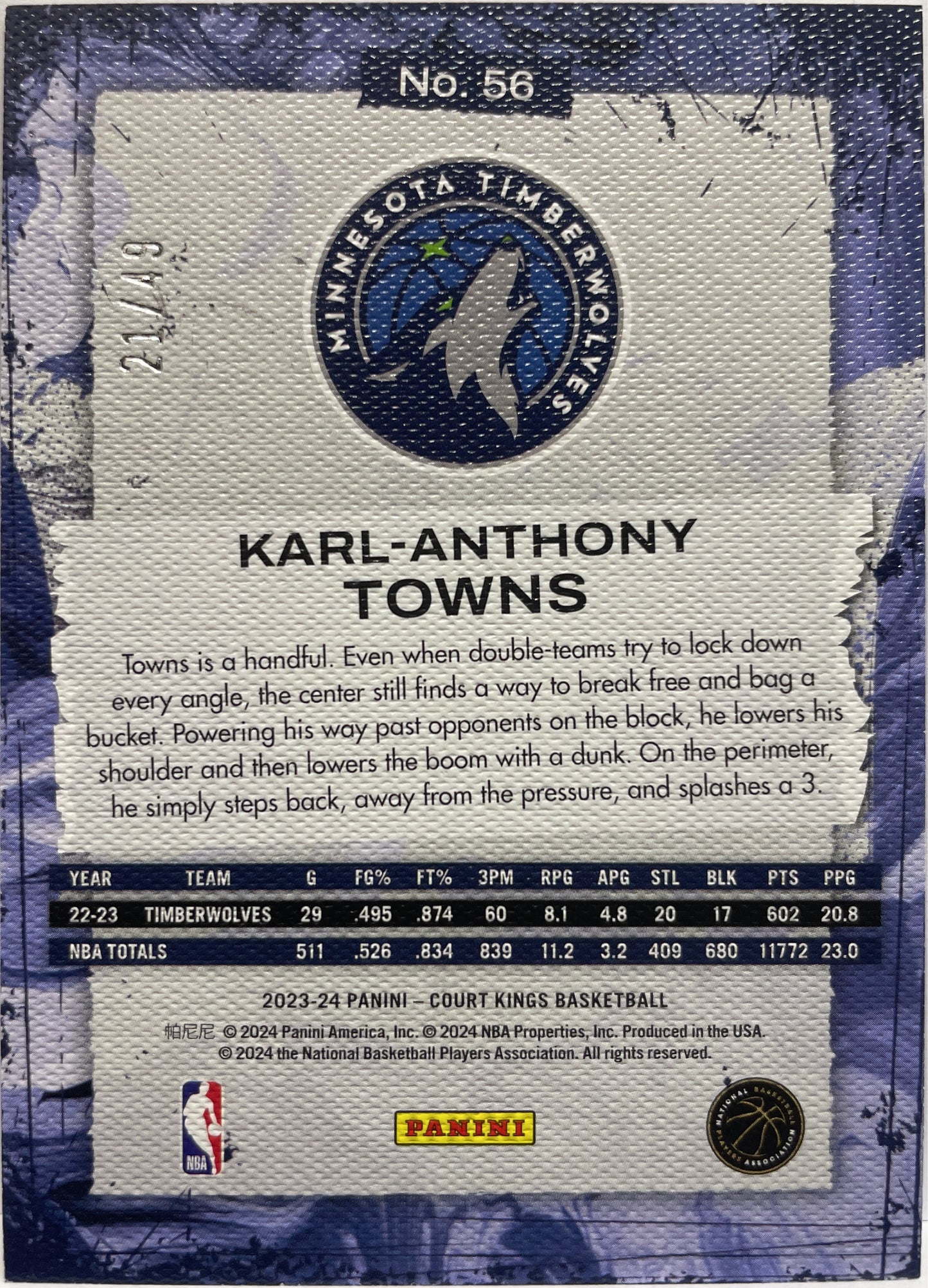 Karl-Anthony Towns 21/49 Violet Court Kings Basketball NBA 2023/24