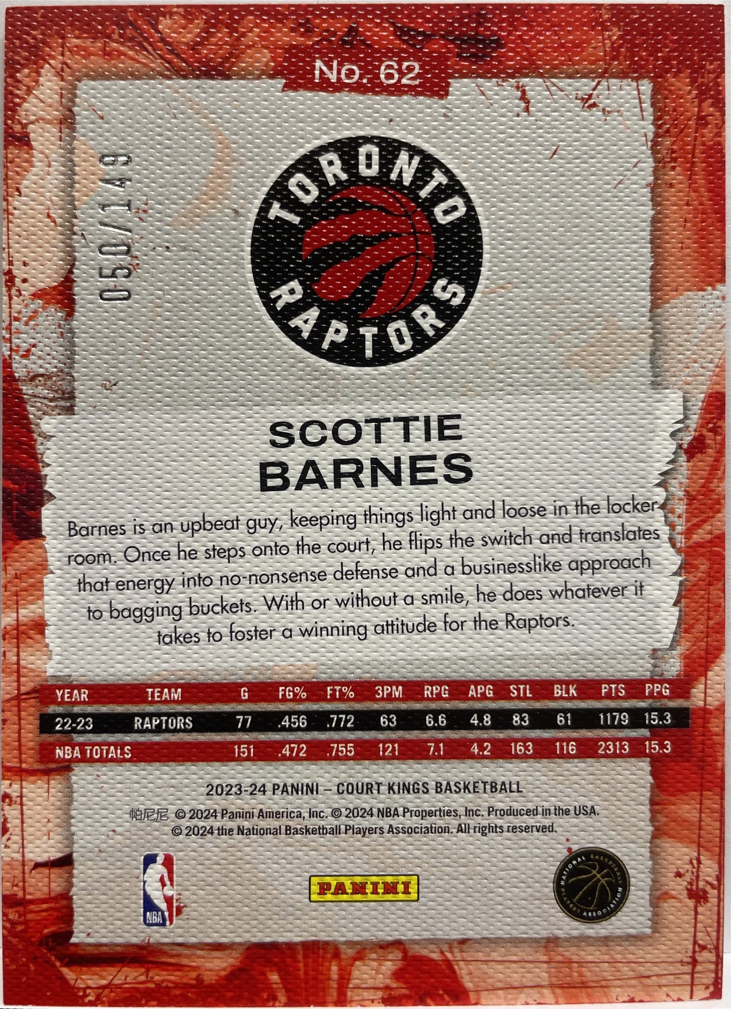 Scottie Barnes 50/149 Ruby Court Kings Basketball NBA 2023/24