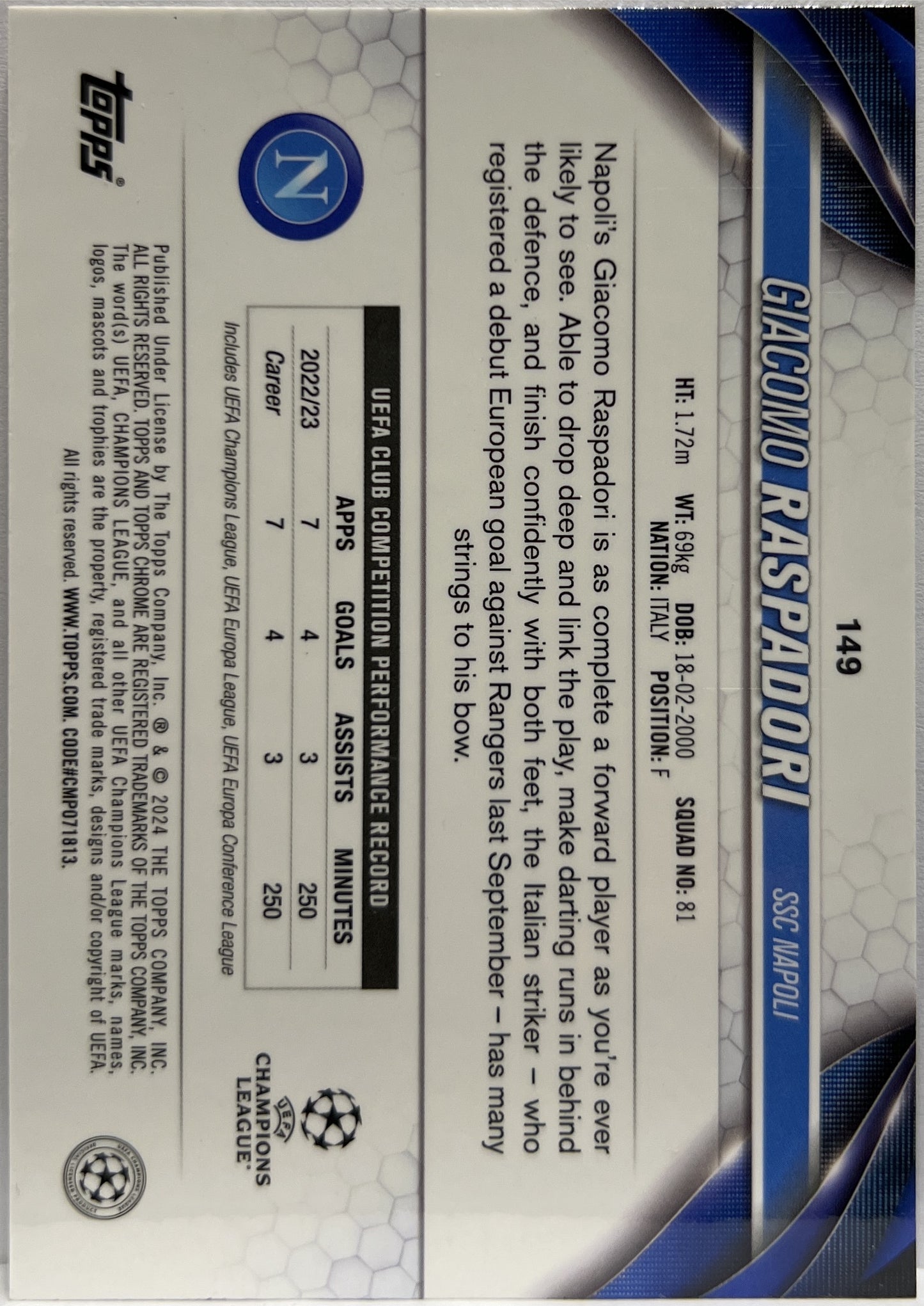Giacomo Raspadori 241/299 Purple Topps Chrome UCC 2023/24